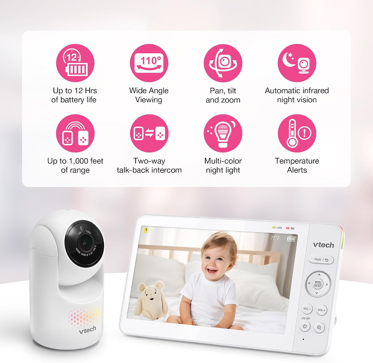 VTech Baby Monitor No WiFi, 7" IPS Screen, 5000mAh 12Hr Battery, 360° PTZ, 4X Zoom, Night Vision, Night Light, 2-Way Talk, White | Advanced HQ Max VTech Baby Monitor No WiFi, 7" IPS Screen, 5000mAh 12Hr Battery, 360° PTZ, 4X Zoom, Night Vision, Night Light, 2-Way Talk, White | Advanced HQ Max - Image 2