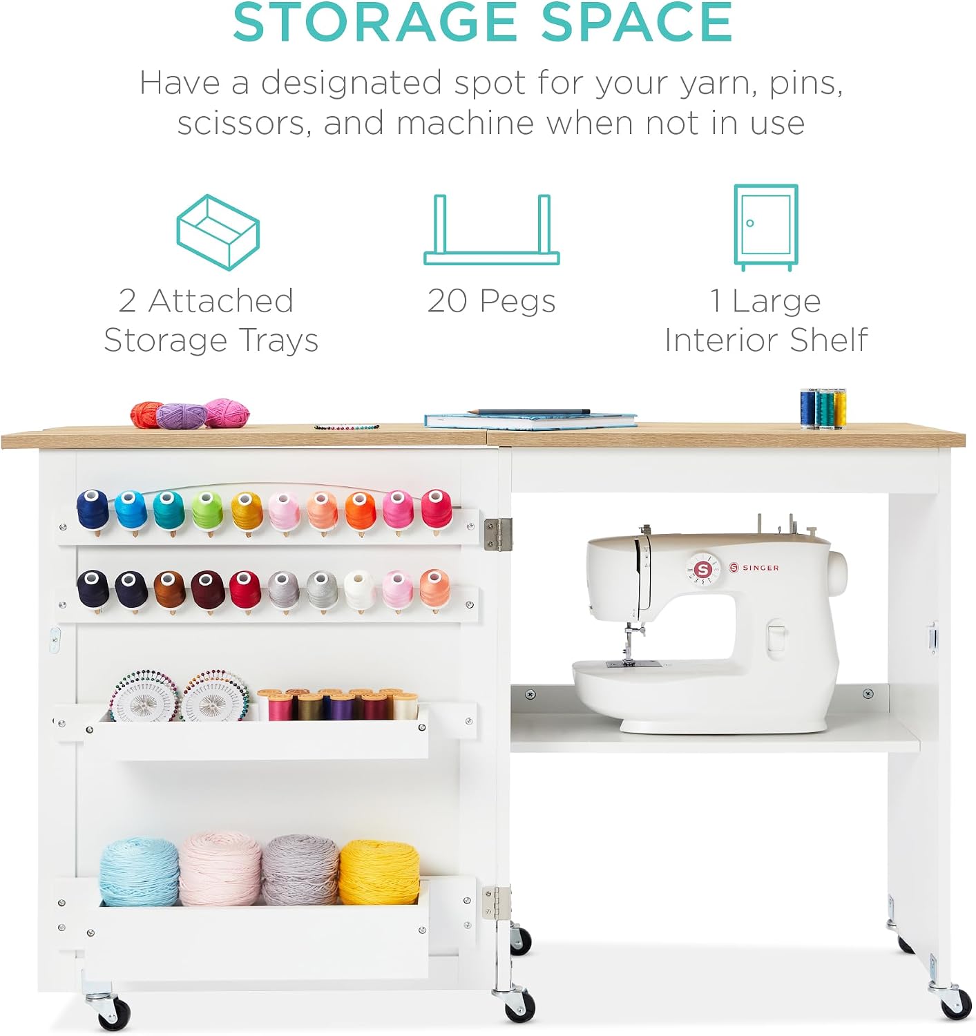 71tVwvIoV3L._AC_SL1500_.jpg Best Choice Products Folding Sewing Table Multipurpose Craft Station & Side Desk with Compact Design, Wheels, Shelves, Storage Trays, Pegs, Magnetic Doors, Metal Doorknobs - Natural/White