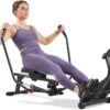 Sunny Health & Fitness Smart Full Motion Rower | 12 Resistance Levels, Dual-Arm Design, SunnyFit App, 400 LB Capacity, Optional Back-Assist Core Trainer