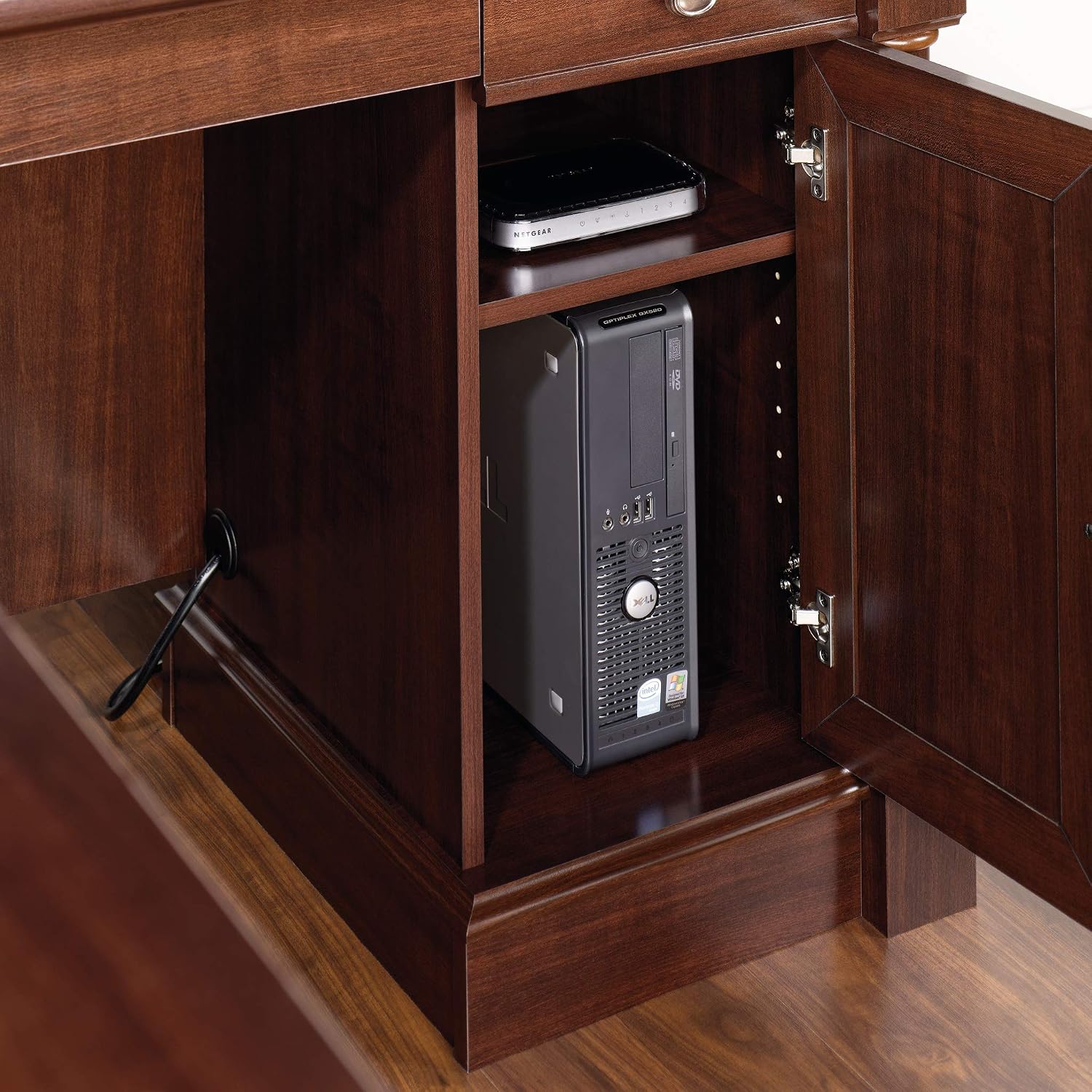 Sauder Palladia L Shaped Desk with Drawers, Office Desk with File Cabinet Storage, Cable Management, Keyboard Tray, in Select Cherry finish Sauder Palladia L Shaped Desk with Drawers, Office Desk with File Cabinet Storage, Cable Management, Keyboard Tray, in Select Cherry finish - Image 6