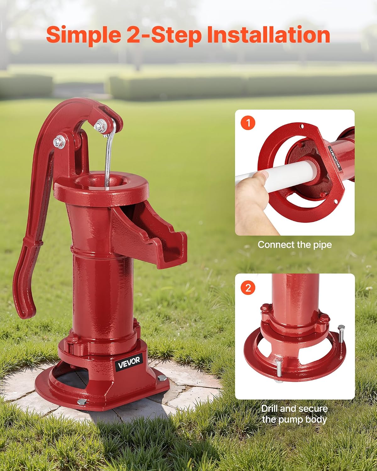 VEVOR Well Hand Pitcher Pump, 25 ft Maximum Lift, Antique Cast Iron Manual Hand Water Pump, NPT 1-1/4 in Connection, Easy Installation, Old Fashioned for Outdoor Garden, Pond, Backyard, Farm, Red VEVOR Well Hand Pitcher Pump, 25 ft Maximum Lift, Antique Cast Iron Manual Hand Water Pump, NPT 1-1/4 in Connection, Easy Installation, Old Fashioned for Outdoor Garden, Pond, Backyard, Farm, Red - Image 5