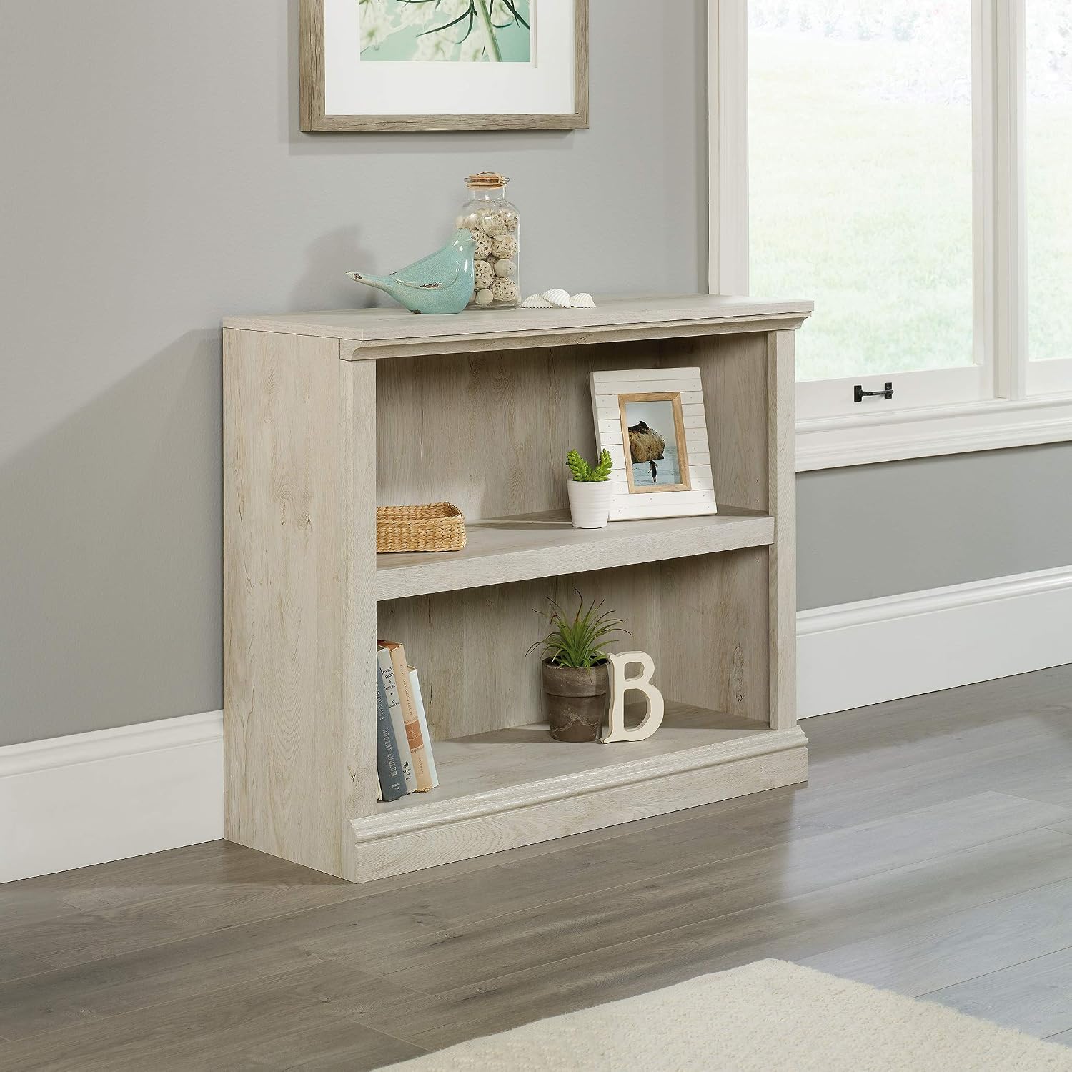 Sauder 2 Tier Book Shelf Wooden Bookcase Multipurpose Bookshelf for Home Office, Living Room, in Chalked Chestnut Sauder 2 Tier Book Shelf Wooden Bookcase Multipurpose Bookshelf for Home Office, Living Room, in Chalked Chestnut - Image 2
