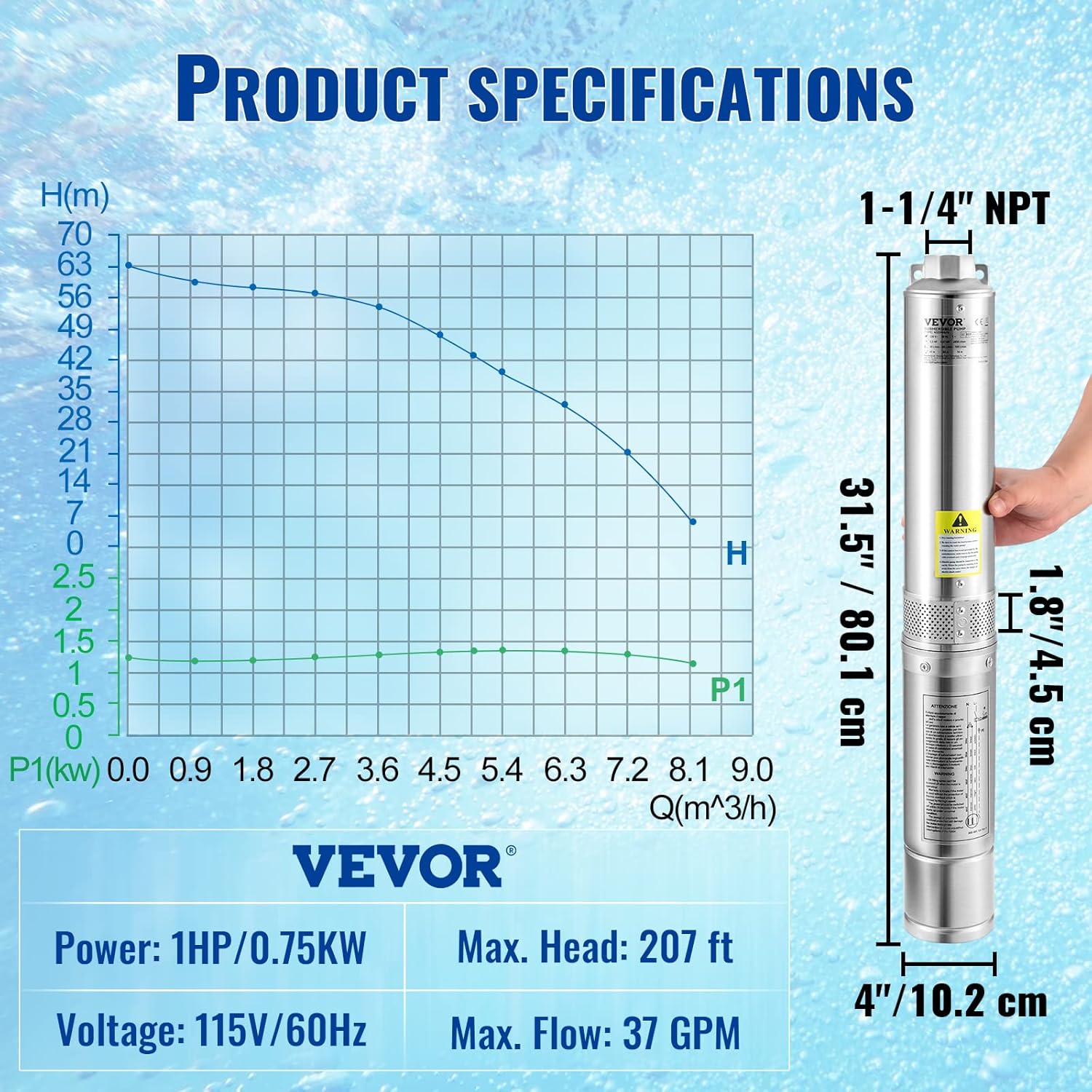 VEVOR Deep Well Submersible Pump 1 HP 115V/60Hz 37 GPM Flow 207 ft Head | for Industrial Irrigation & Home Use, 4" Stainless Steel Water Pump, with 33 ft Electric Cord, Copper Motor, IP68 Waterproof VEVOR Deep Well Submersible Pump 1 HP 115V/60Hz 37 GPM Flow 207 ft Head | for Industrial Irrigation & Home Use, 4" Stainless Steel Water Pump, with 33 ft Electric Cord, Copper Motor, IP68 Waterproof - Image 7