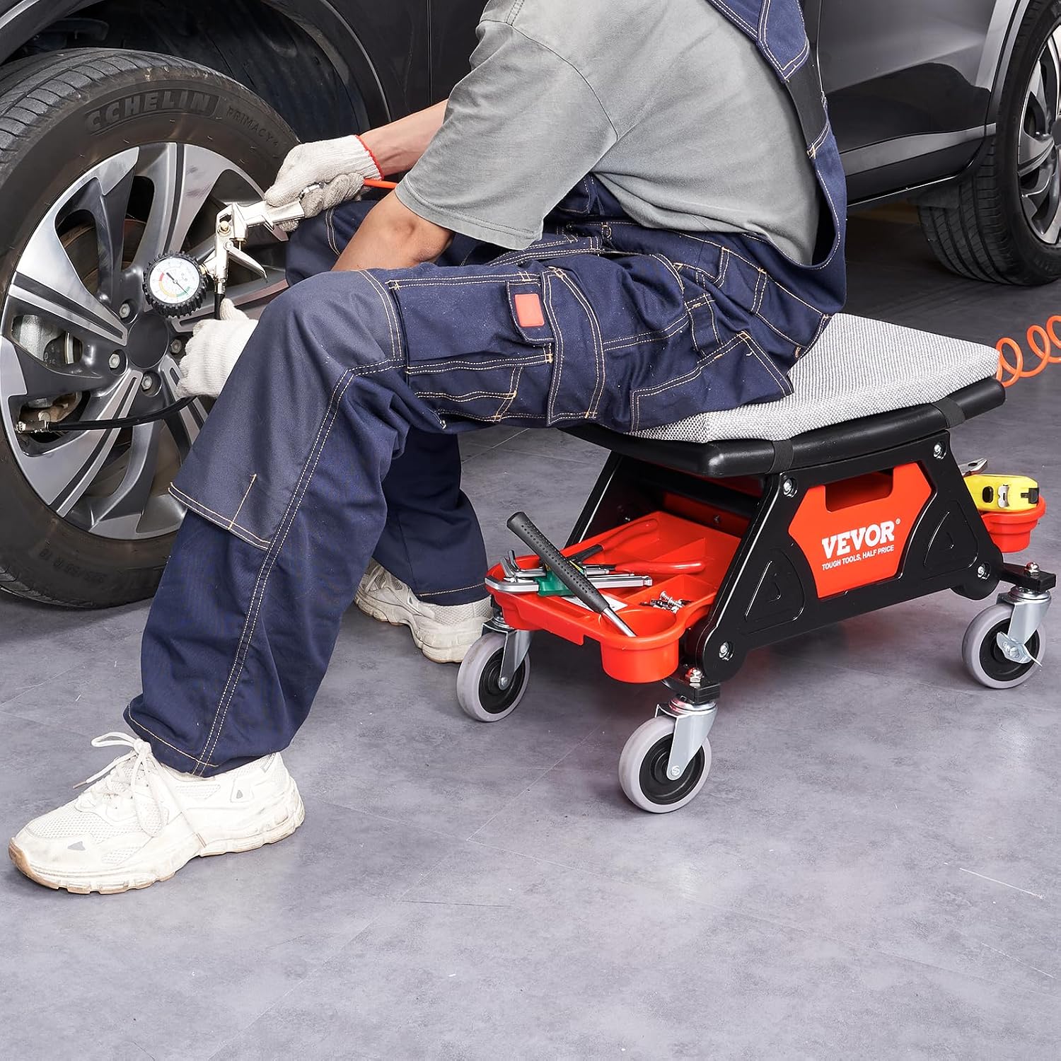 VEVOR Mechanic Stool 300 LBS Capacity Garage Stool Gift for Men, Heavy Duty Rolling Mechanics Seat, with Three Slide Out Tool Trays and Drawer, Tools for Automotive Auto Repair | Auto Repair Heavy Duty Plastic Rolling Mechanics Seat with Cushion, Three Slide Out Tool Trays and Drawer, for Automotive VEVOR Mechanic Stool 300 LBS Capacity Garage Stool Gift for Men, Heavy Duty Rolling Mechanics Seat, with Three Slide Out Tool Trays and Drawer, Tools for Automotive Auto Repair | Auto Repair Heavy Duty Plastic Rolling Mechanics Seat with Cushion, Three Slide Out Tool Trays and Drawer, for Automotive - Image 2