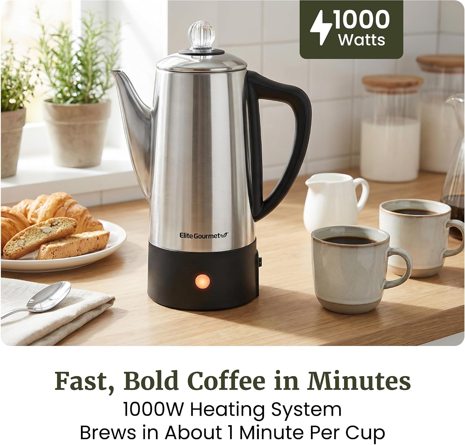 Elite Gourmet 6-Cup Electric Coffee Percolator, Stainless Steel, 1000W | Fast brewing, Keep Warm, auto shut-off, clear brew progress knob, cordless serving base, reusable filter Elite Gourmet 6-Cup Electric Coffee Percolator, Stainless Steel, 1000W | Fast brewing, Keep Warm, auto shut-off, clear brew progress knob, cordless serving base, reusable filter - Image 2