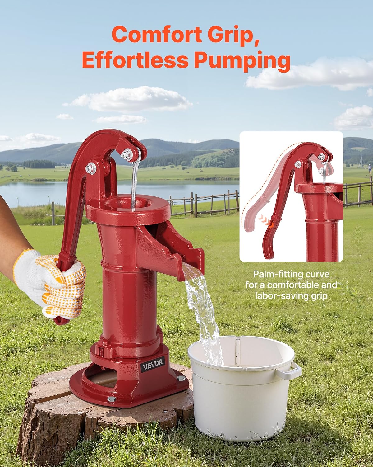 VEVOR Well Hand Pitcher Pump, 25 ft Maximum Lift, Antique Cast Iron Manual Hand Water Pump, NPT 1-1/4 in Connection, Easy Installation, Old Fashioned for Outdoor Garden, Pond, Backyard, Farm, Red VEVOR Well Hand Pitcher Pump, 25 ft Maximum Lift, Antique Cast Iron Manual Hand Water Pump, NPT 1-1/4 in Connection, Easy Installation, Old Fashioned for Outdoor Garden, Pond, Backyard, Farm, Red - Image 4