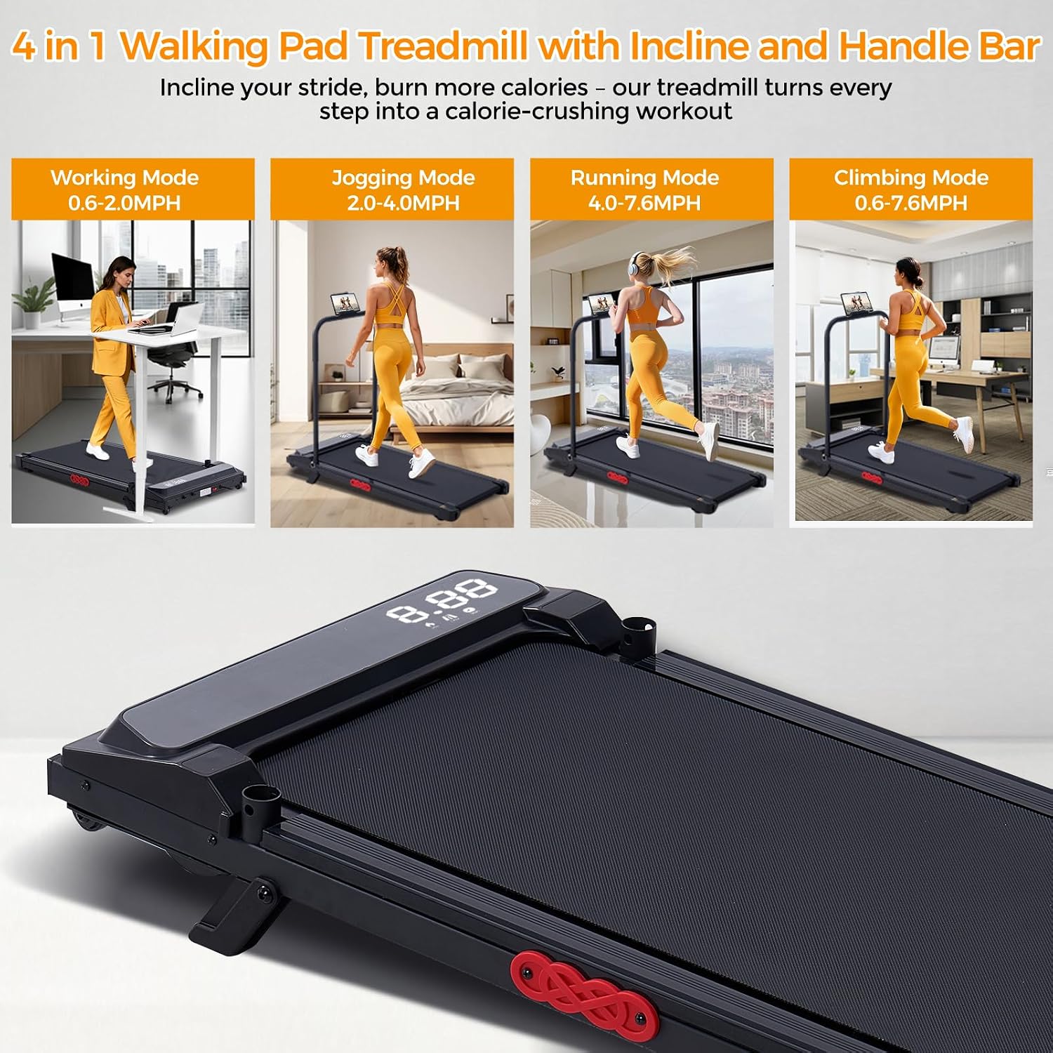 KASSADIN Electric Walking Pad Treadmill with Handle Bar Incline for Home, Portable Walking Pad Treadmill with Handles for Home Small, 3.0HP Mini Under Desk Treadmill for Exercising, 0.6-7.6MPH, 350LB KASSADIN Electric Walking Pad Treadmill with Handle Bar Incline for Home, Portable Walking Pad Treadmill with Handles for Home Small, 3.0HP Mini Under Desk Treadmill for Exercising, 0.6-7.6MPH, 350LB - Image 2