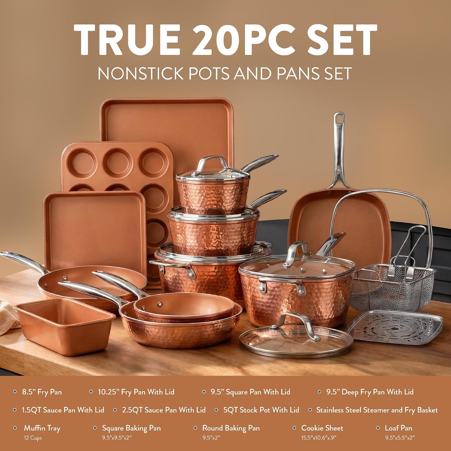 GOTHAM STEEL HAMMERED 20 Pc Pots and Pans Set Non Stick Ceramic Cookware | Deep Frying Pan & Bakeware Set Included, Non Toxic PFOA/PFOS Free, Induction Compatible, Oven & Dishwasher Safe, Copper GOTHAM STEEL HAMMERED 20 Pc Pots and Pans Set Non Stick Ceramic Cookware | Deep Frying Pan & Bakeware Set Included, Non Toxic PFOA/PFOS Free, Induction Compatible, Oven & Dishwasher Safe, Copper - Image 2