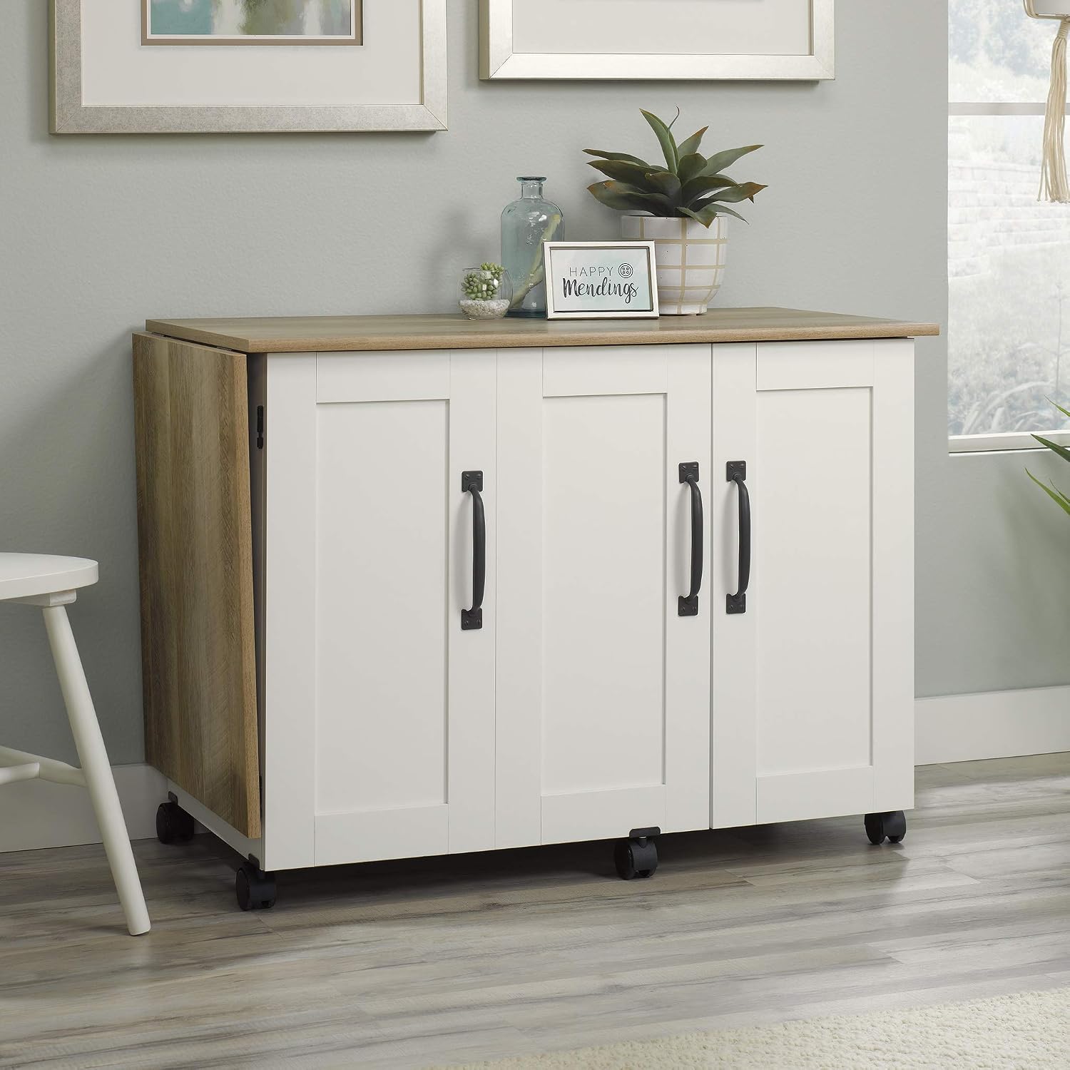 Sauder Miscellaneous Storage Sewing Cart, Drop-Leaf Craft Table, Sewing Table with Storage - Soft White Finish Sauder Miscellaneous Storage Sewing Cart, Drop-Leaf Craft Table, Sewing Table with Storage - Soft White Finish - Image 2