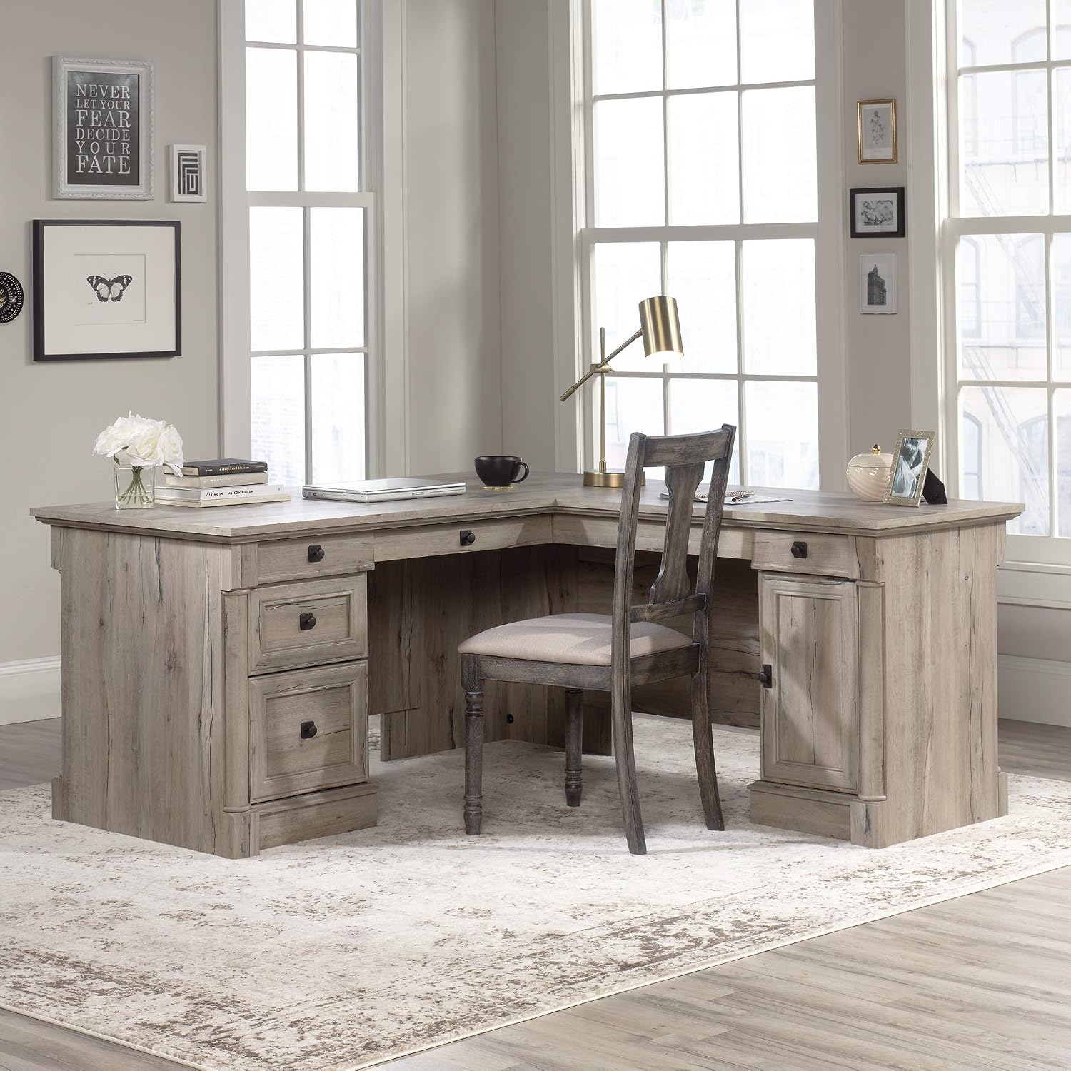Sauder Palladia L Shaped Desk with Drawers, Office Desk with File Cabinet Storage, Cable Management, Keyboard Tray, in Split Oak finish Sauder Palladia L Shaped Desk with Drawers, Office Desk with File Cabinet Storage, Cable Management, Keyboard Tray, in Split Oak finish - Image 2