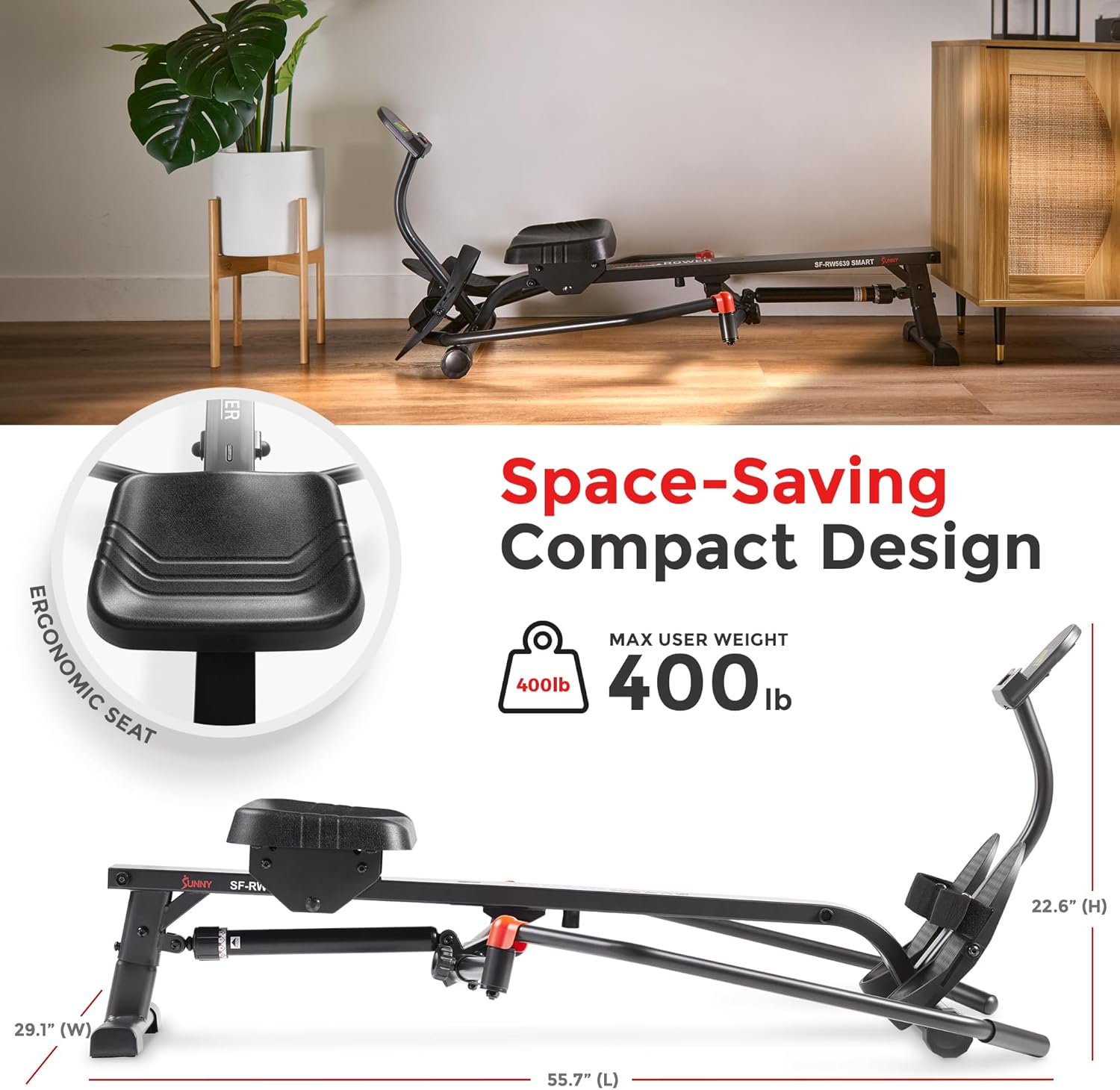 Sunny Health & Fitness Smart Full Motion Rower | 12 Resistance Levels, Dual-Arm Design, SunnyFit App, 400 LB Capacity, Optional Back-Assist Core Trainer Sunny Health & Fitness Smart Full Motion Rower | 12 Resistance Levels, Dual-Arm Design, SunnyFit App, 400 LB Capacity, Optional Back-Assist Core Trainer - Image 4