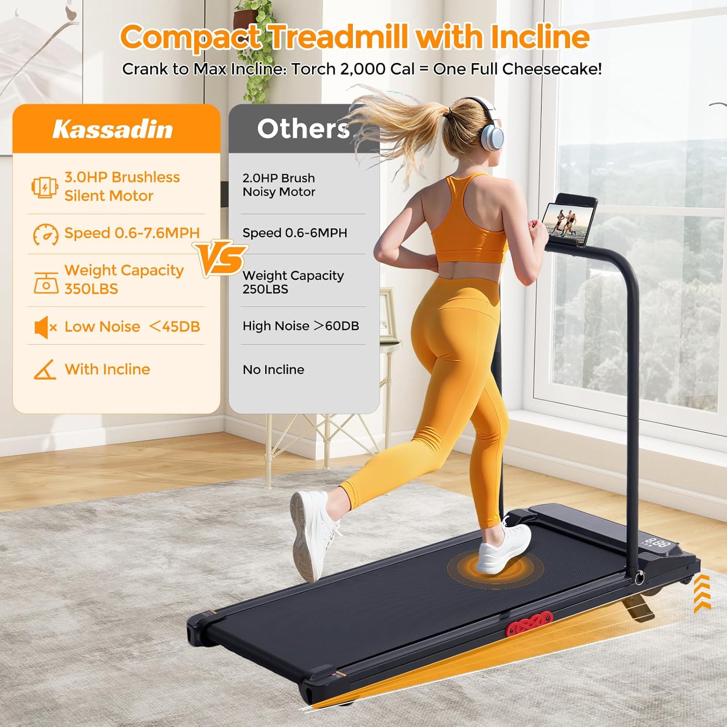 KASSADIN Electric Walking Pad Treadmill with Handle Bar Incline for Home, Portable Walking Pad Treadmill with Handles for Home Small, 3.0HP Mini Under Desk Treadmill for Exercising, 0.6-7.6MPH, 350LB KASSADIN Electric Walking Pad Treadmill with Handle Bar Incline for Home, Portable Walking Pad Treadmill with Handles for Home Small, 3.0HP Mini Under Desk Treadmill for Exercising, 0.6-7.6MPH, 350LB - Image 3