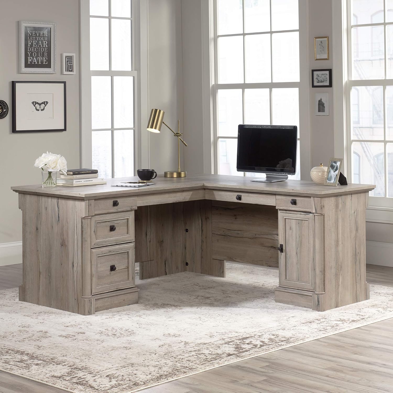 Sauder Palladia L Shaped Desk with Drawers, Office Desk with File Cabinet Storage, Cable Management, Keyboard Tray, in Split Oak finish Sauder Palladia L Shaped Desk with Drawers, Office Desk with File Cabinet Storage, Cable Management, Keyboard Tray, in Split Oak finish - Image 7