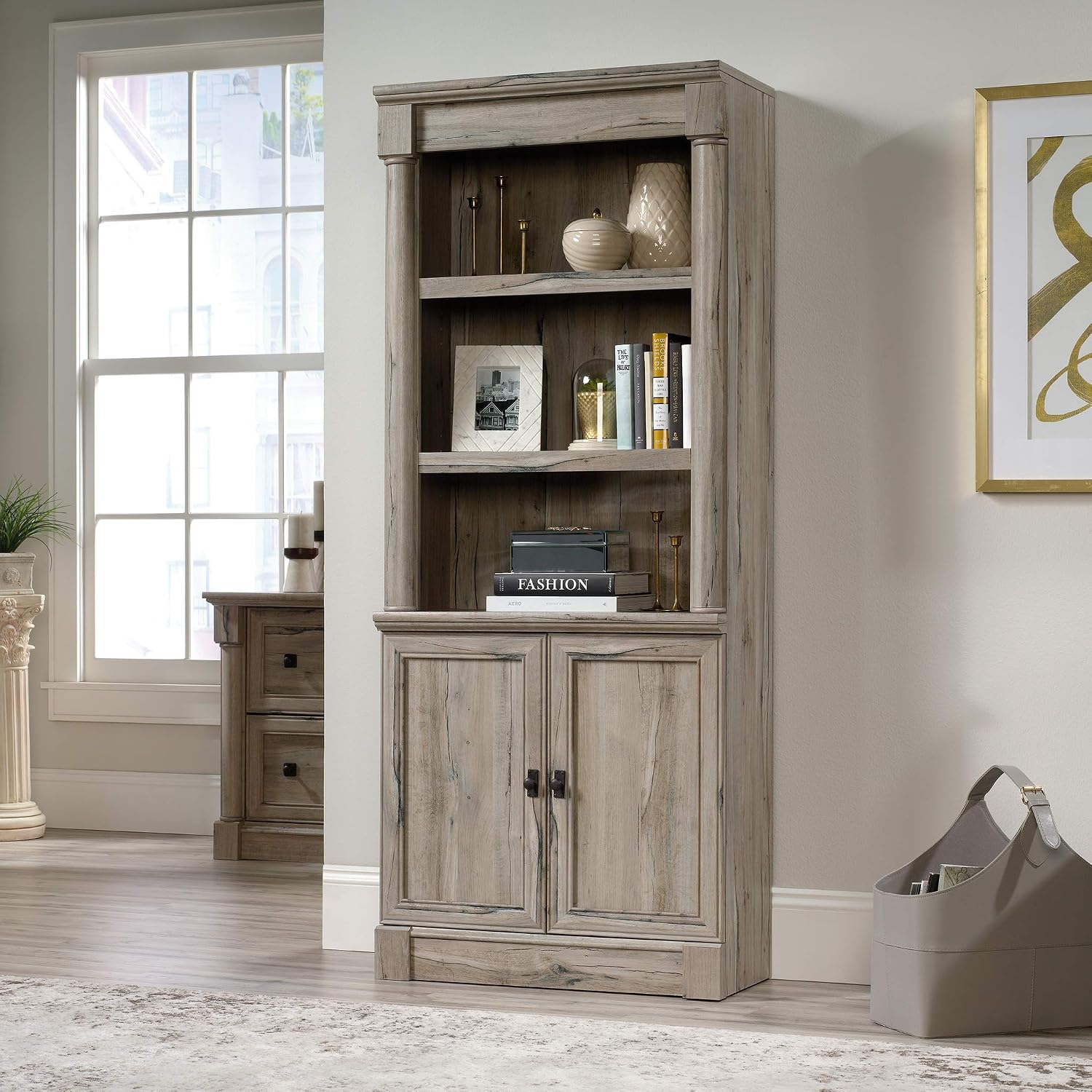 Sauder Palladia Book Shelf, Bookshelf with Storage, Library Bookcase with Doors and Adjustable Shelves, in Split Oak Finish Sauder Palladia Book Shelf, Bookshelf with Storage, Library Bookcase with Doors and Adjustable Shelves, in Split Oak Finish - Image 2
