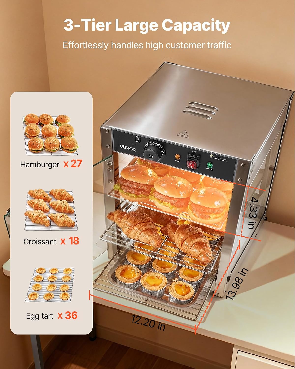 VEVOR 3-Tier Commercial Food Warmer Display, 800W Food Display Warmer with LED Light, Adjustable Shelf and Stainless Steel Frame, 86℉~185℉ Air Heating, 34L for Hamburger, Pizza, Bread, Fried Chicken VEVOR 3-Tier Commercial Food Warmer Display, 800W Food Display Warmer with LED Light, Adjustable Shelf and Stainless Steel Frame, 86℉~185℉ Air Heating, 34L for Hamburger, Pizza, Bread, Fried Chicken - Image 5