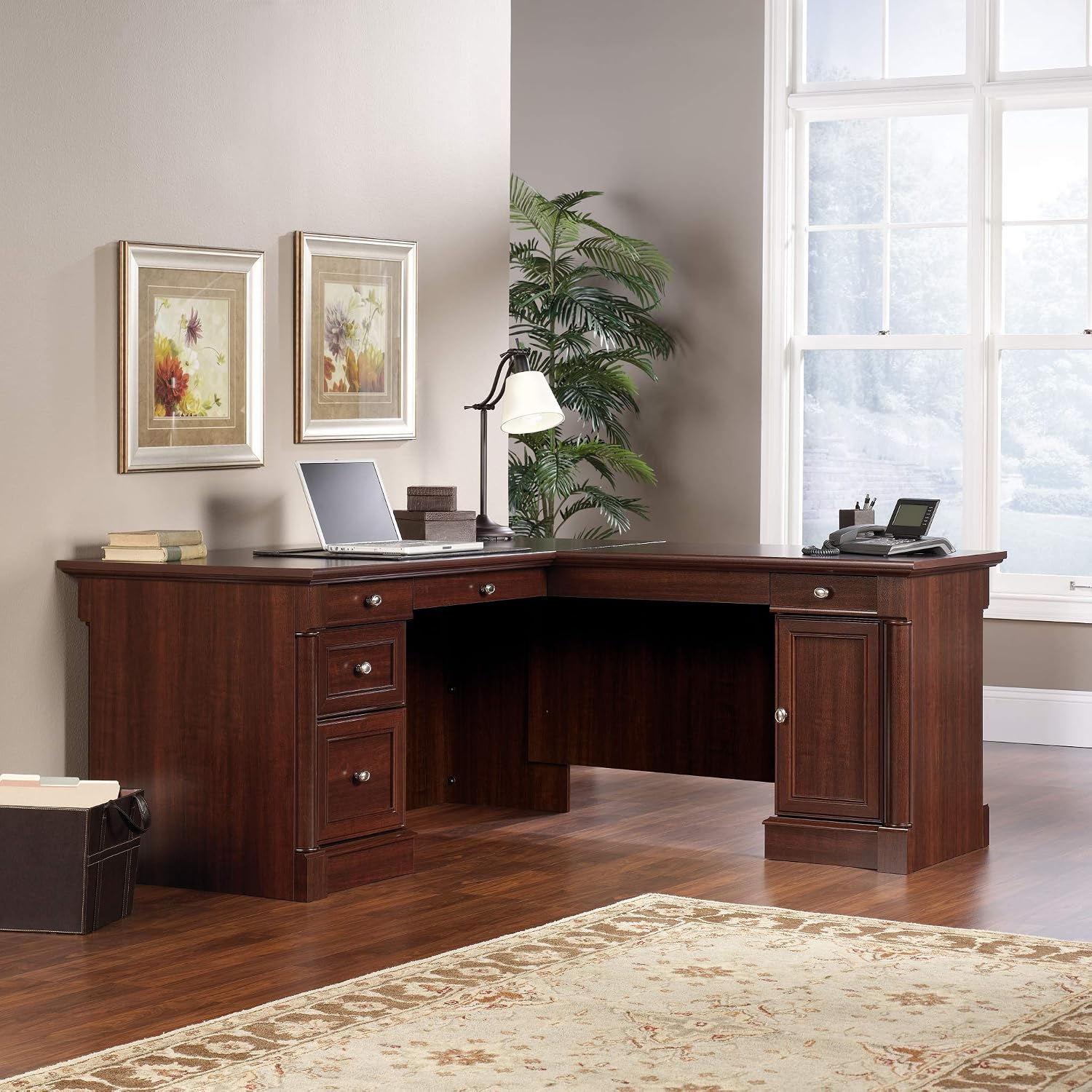 Sauder Palladia L Shaped Desk with Drawers, Office Desk with File Cabinet Storage, Cable Management, Keyboard Tray, in Select Cherry finish Sauder Palladia L Shaped Desk with Drawers, Office Desk with File Cabinet Storage, Cable Management, Keyboard Tray, in Select Cherry finish - Image 2