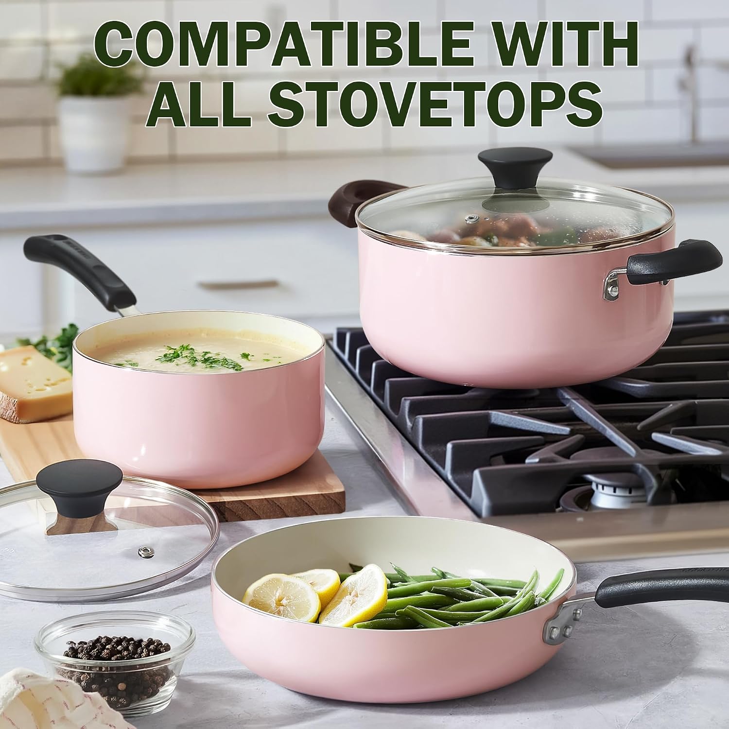 Cook N Home Basics Ceramic Nonstick Cookware Set, 10-Piece, Pink Cook N Home Basics Ceramic Nonstick Cookware Set, 10-Piece, Pink - Image 3
