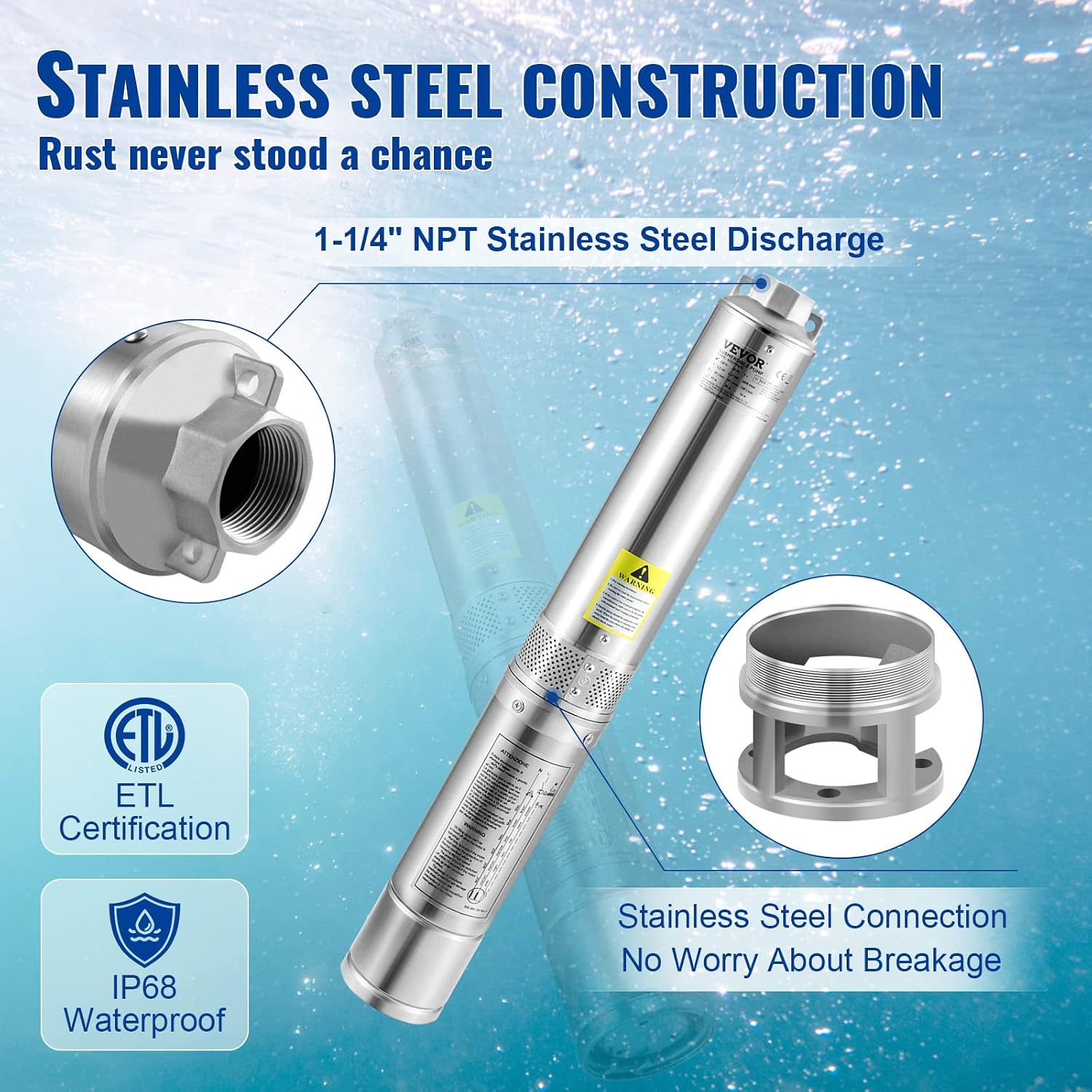 VEVOR Deep Well Submersible Pump 1 HP 230V/60Hz 37 GPM Flow 207 ft Head | for Industrial Irrigation & Home Use, 4" Stainless Steel Water Pump, with 33 ft Electric Cord, Copper Motor, IP68 Waterproof VEVOR Deep Well Submersible Pump 1 HP 230V/60Hz 37 GPM Flow 207 ft Head | for Industrial Irrigation & Home Use, 4" Stainless Steel Water Pump, with 33 ft Electric Cord, Copper Motor, IP68 Waterproof - Image 4