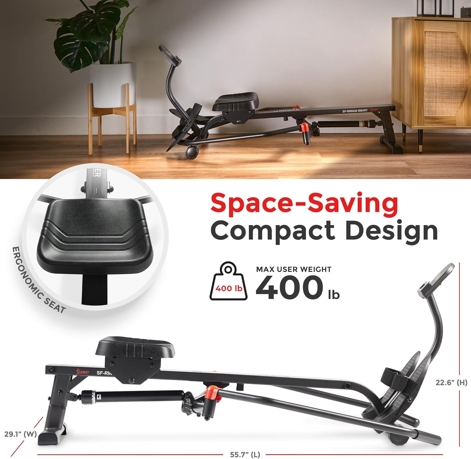 Sunny Health & Fitness Smart Full Motion Rower | 12 Resistance Levels, Dual-Arm Design, SunnyFit App, 400 LB Capacity, Optional Back-Assist Core Trainer Sunny Health & Fitness Smart Full Motion Rower | 12 Resistance Levels, Dual-Arm Design, SunnyFit App, 400 LB Capacity, Optional Back-Assist Core Trainer - Image 7