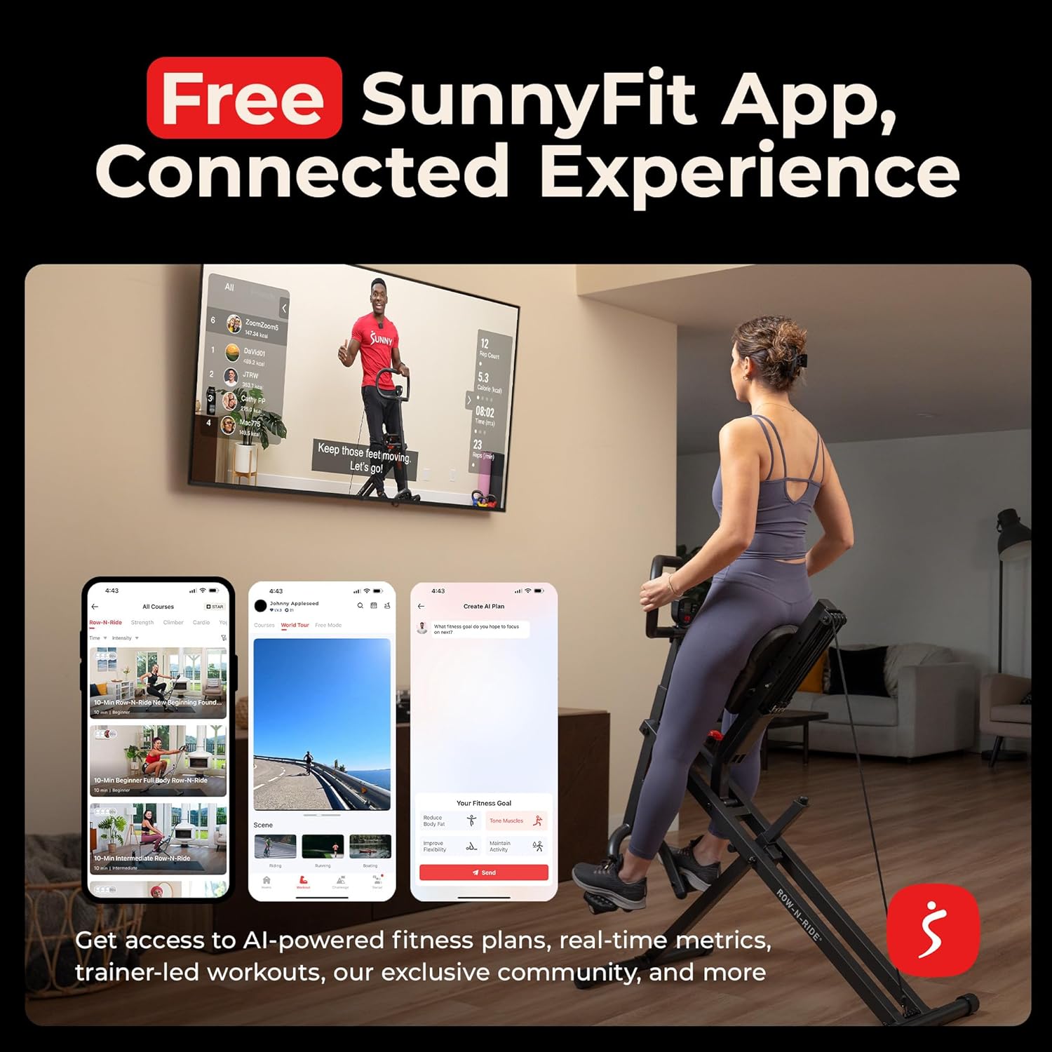 Sunny Health & Fitness Smart Heavy-Duty Row-N-Ride, Full-Body Squat Assist | Free SunnyFit App, Multi-Exercise Training, 3 Squat Depths, 5 Resistance Levels, 350LB Capacity, Compact Foldable Design Sunny Health & Fitness Smart Heavy-Duty Row-N-Ride, Full-Body Squat Assist | Free SunnyFit App, Multi-Exercise Training, 3 Squat Depths, 5 Resistance Levels, 350LB Capacity, Compact Foldable Design - Image 5