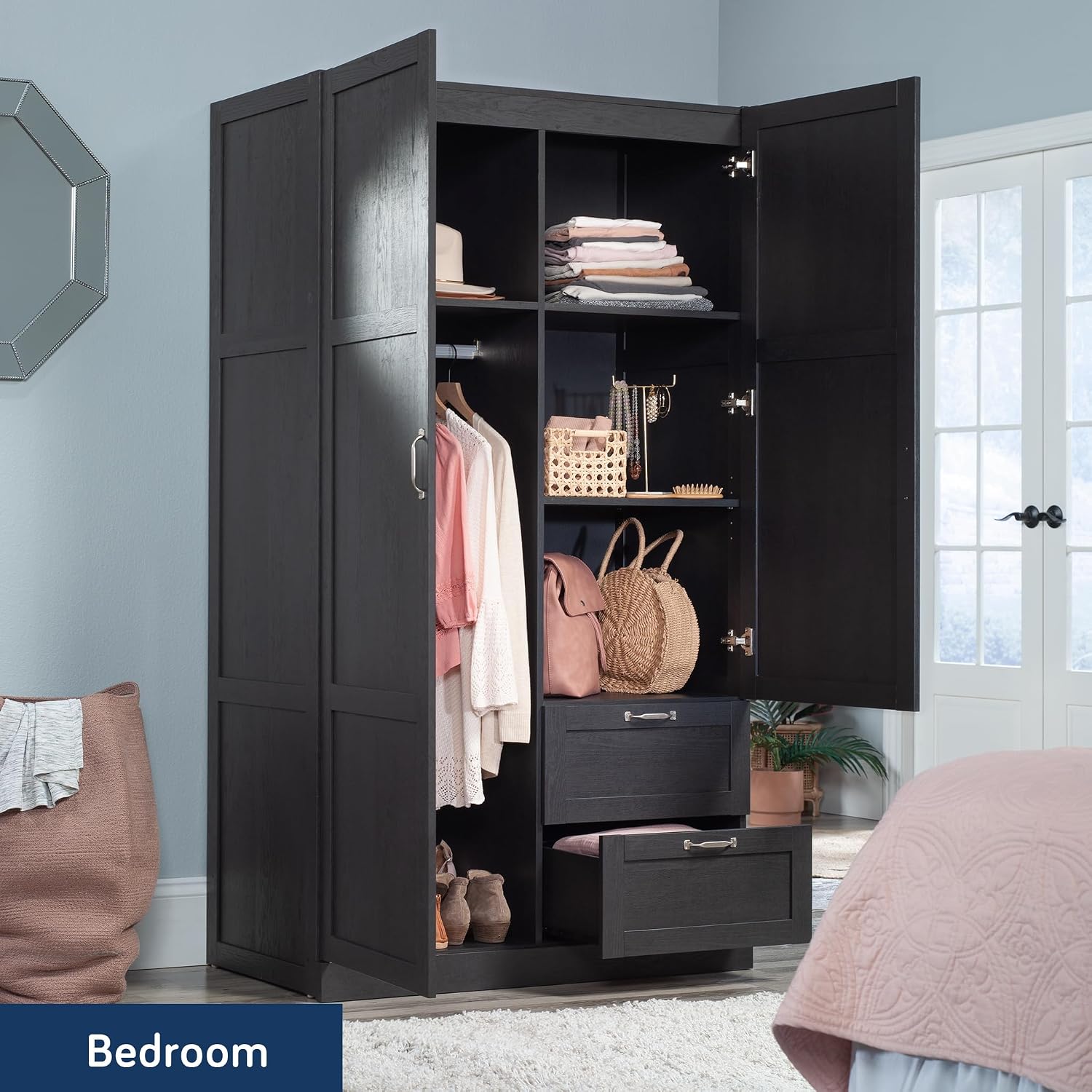 Sauder Miscellaneous Storage Armoire with Drawers, Raven Oak Finish Sauder Miscellaneous Storage Armoire with Drawers, Raven Oak Finish - Image 4