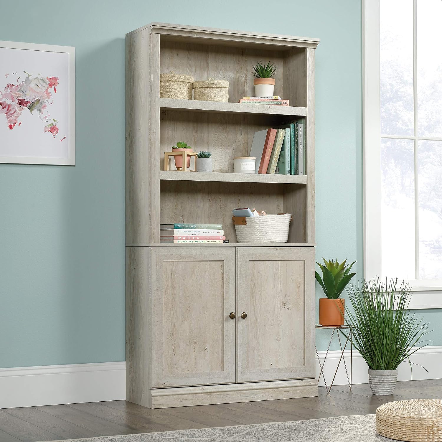Sauder Miscellaneous Storage Bookcase with Doors, Adjustable Shelves, 5 Shelf Bookcase - Chalked Chestnut Finish Sauder Miscellaneous Storage Bookcase with Doors, Adjustable Shelves, 5 Shelf Bookcase - Chalked Chestnut Finish - Image 2