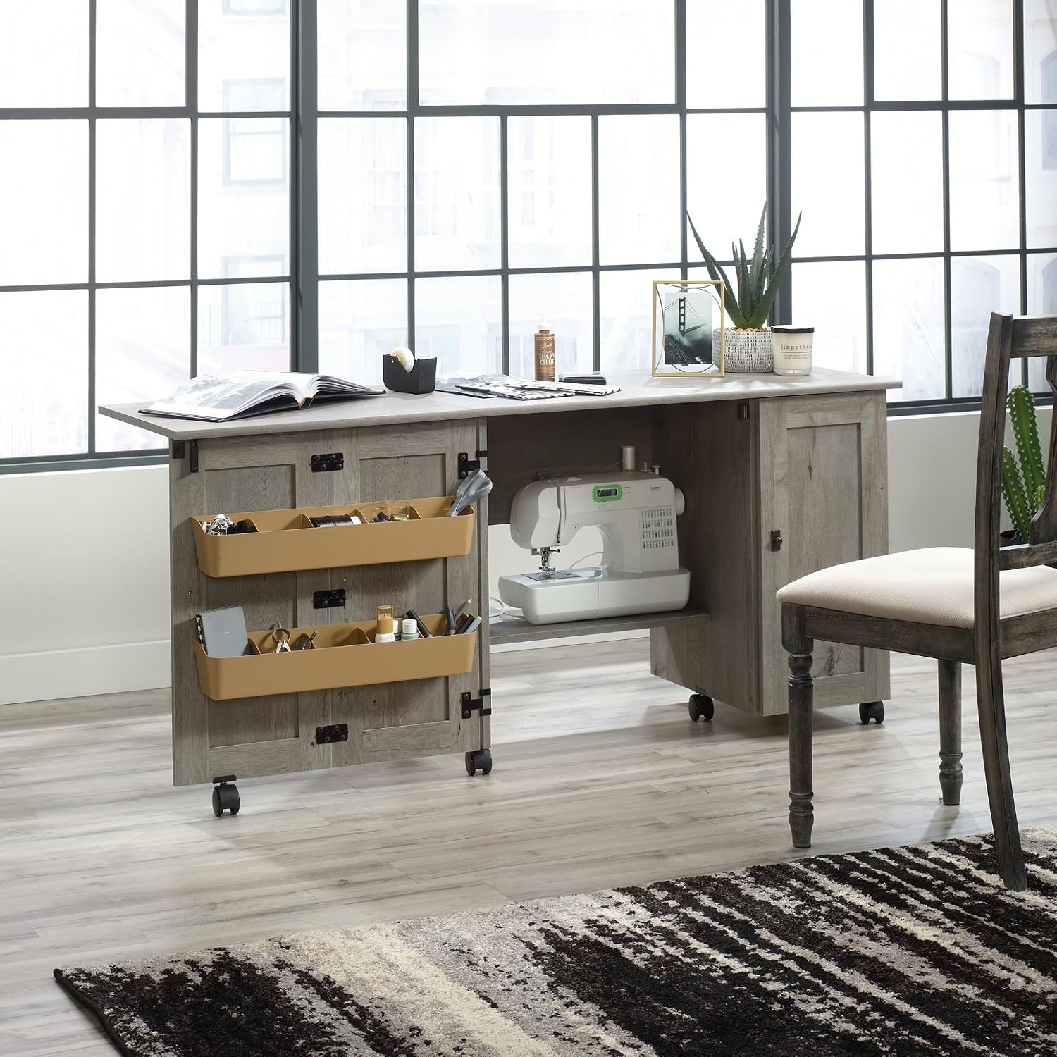Sauder Craft Cart Storage Cabinet, Rolling Sewing Table with Expandable Top, Mystic Oak Sauder Craft Cart Storage Cabinet, Rolling Sewing Table with Expandable Top, Mystic Oak - Image 6