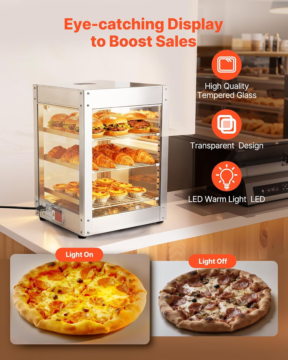 VEVOR 3-Tier Commercial Food Warmer Display, 800W Food Display Warmer with LED Light, Adjustable Shelf and Stainless Steel Frame, 86℉~185℉ Air Heating, 34L for Hamburger, Pizza, Bread, Fried Chicken VEVOR 3-Tier Commercial Food Warmer Display, 800W Food Display Warmer with LED Light, Adjustable Shelf and Stainless Steel Frame, 86℉~185℉ Air Heating, 34L for Hamburger, Pizza, Bread, Fried Chicken - Image 4