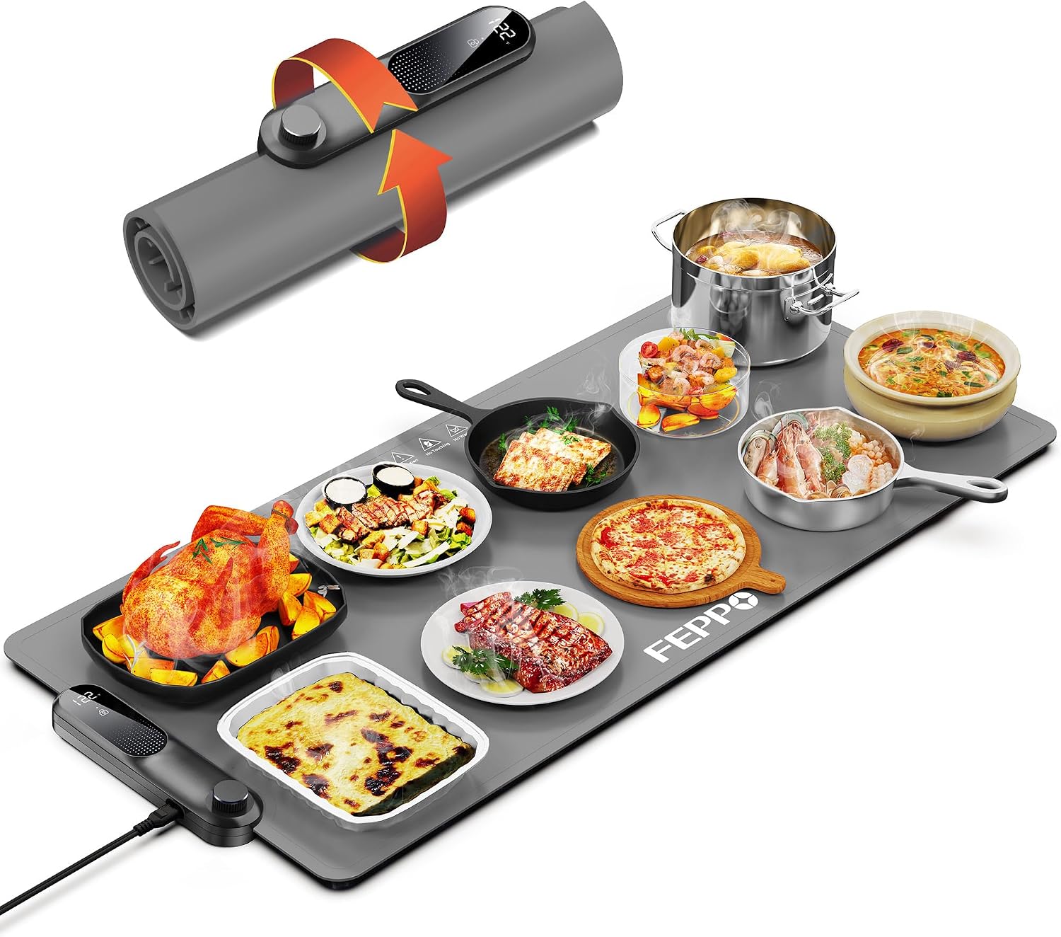 FEPPO Food Warming Mat, 35"x16" Food Warmers for Parties Buffet | Fast Full-Surface Warming Mat for Food with 19 Level Adjustable Temperature and 6 Hours Timer, Roll Up Food Warmer FEPPO Food Warming Mat, 35"x16" Food Warmers for Parties Buffet | Fast Full-Surface Warming Mat for Food with 19 Level Adjustable Temperature and 6 Hours Timer, Roll Up Food Warmer
