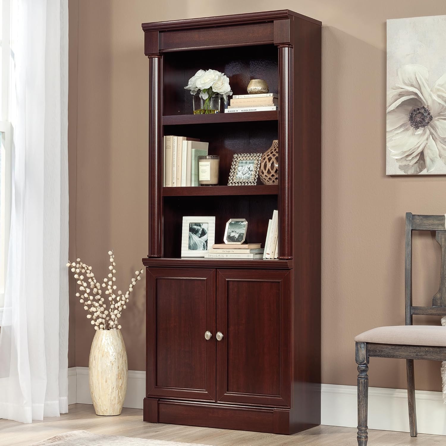 Sauder Palladia Book Shelf, Bookshelf with Storage, Library Bookcase with Doors and Adjustable Shelves, in Select Cherry finish Sauder Palladia Book Shelf, Bookshelf with Storage, Library Bookcase with Doors and Adjustable Shelves, in Select Cherry finish - Image 2