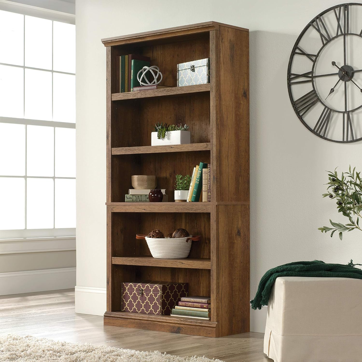 Sauder 5 Tier Book Shelf Wooden Bookcase Multipurpose Bookshelf for Home Office, Living Room, in Vintage Oak Sauder 5 Tier Book Shelf Wooden Bookcase Multipurpose Bookshelf for Home Office, Living Room, in Vintage Oak - Image 2
