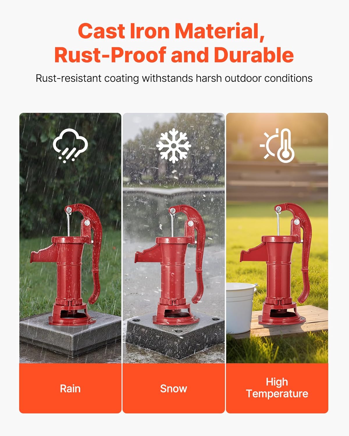 VEVOR Well Hand Pitcher Pump, 25 ft Maximum Lift, Antique Cast Iron Manual Hand Water Pump, NPT 1-1/4 in Connection, Easy Installation, Old Fashioned for Outdoor Garden, Pond, Backyard, Farm, Red VEVOR Well Hand Pitcher Pump, 25 ft Maximum Lift, Antique Cast Iron Manual Hand Water Pump, NPT 1-1/4 in Connection, Easy Installation, Old Fashioned for Outdoor Garden, Pond, Backyard, Farm, Red - Image 3