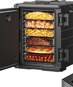 VEVOR Insulated Food Pan Carrier, 95 Qt Hot Box for Catering, LLDPE Food Box Carrier w/Double Buckles, Front Loading Food Warmer w/Handles, Stackable End Loader for Restaurant, Canteen, etc. Black