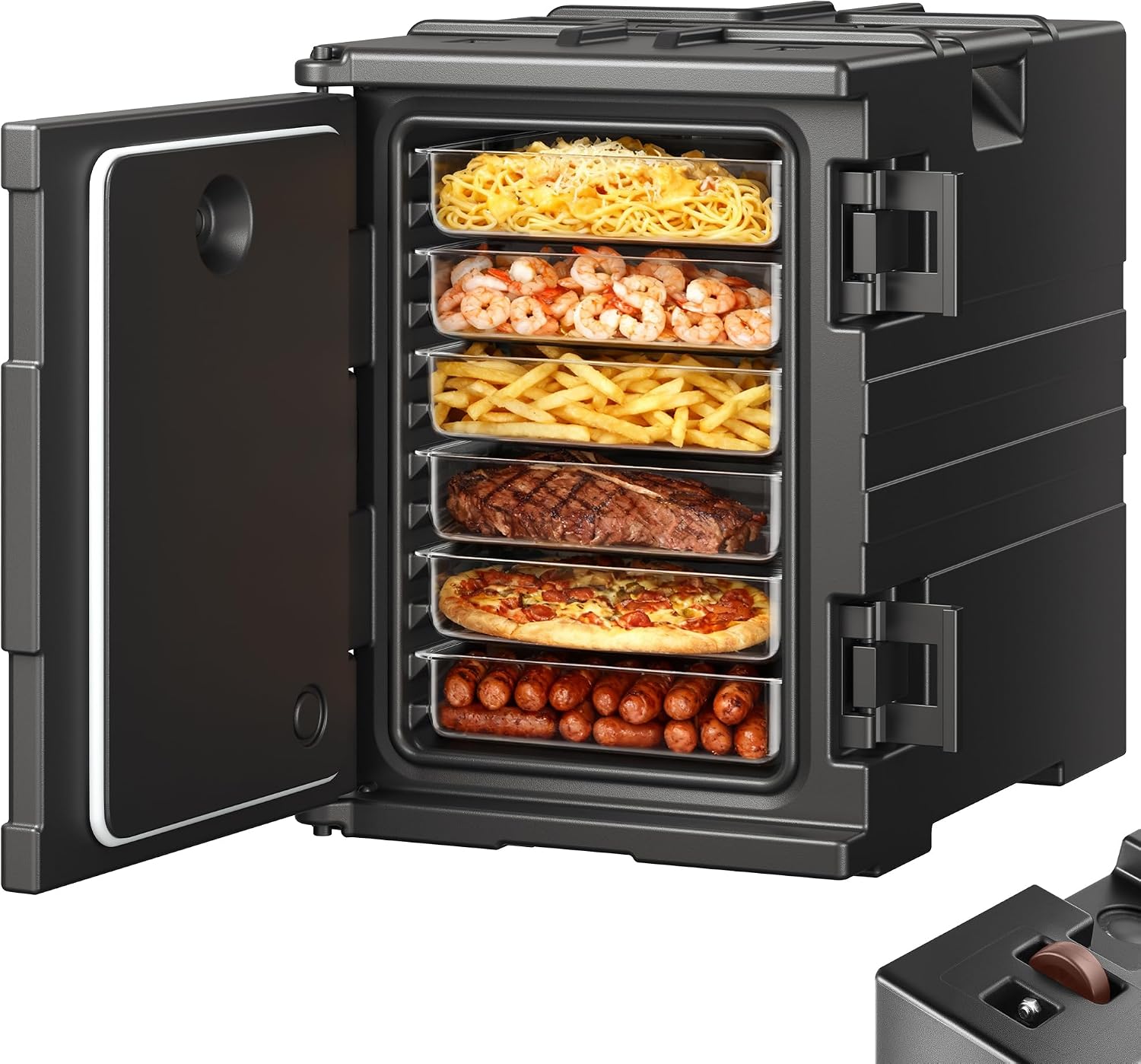 VEVOR Insulated Food Pan Carrier, 95 Qt Hot Box for Catering, LLDPE Food Box Carrier w/Double Buckles, Front Loading Food Warmer w/Handles, Stackable End Loader for Restaurant, Canteen, etc. Black VEVOR Insulated Food Pan Carrier, 95 Qt Hot Box for Catering, LLDPE Food Box Carrier w/Double Buckles, Front Loading Food Warmer w/Handles, Stackable End Loader for Restaurant, Canteen, etc. Black