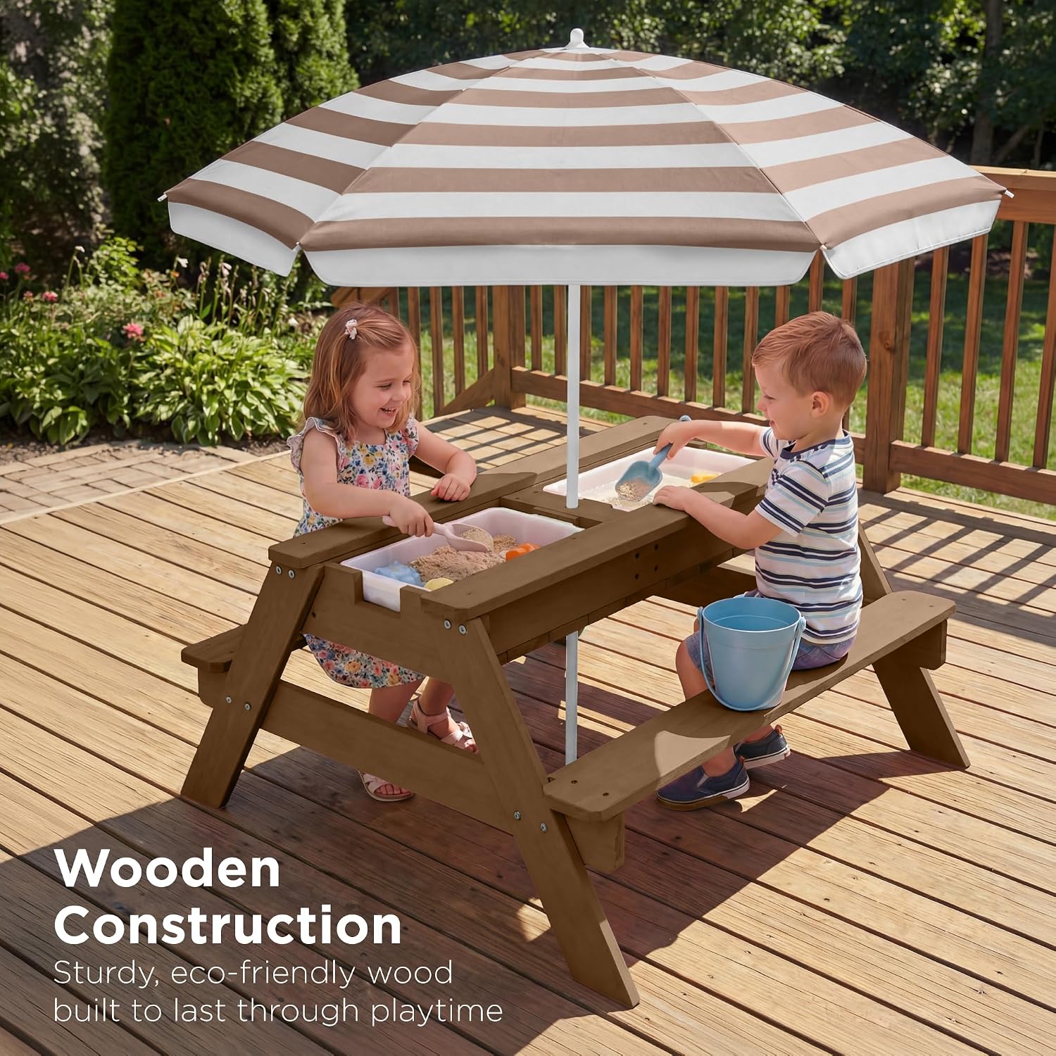 81YhqOxceL._AC_SL1500_.jpg Best Choice Products Kids Picnic Table with Umbrella, 3-in-1 Sand & Water Table, Outdoor Convertible Picnic Table for Toddlers, Seats 4, Removable Top, 2 Buckets - Beige