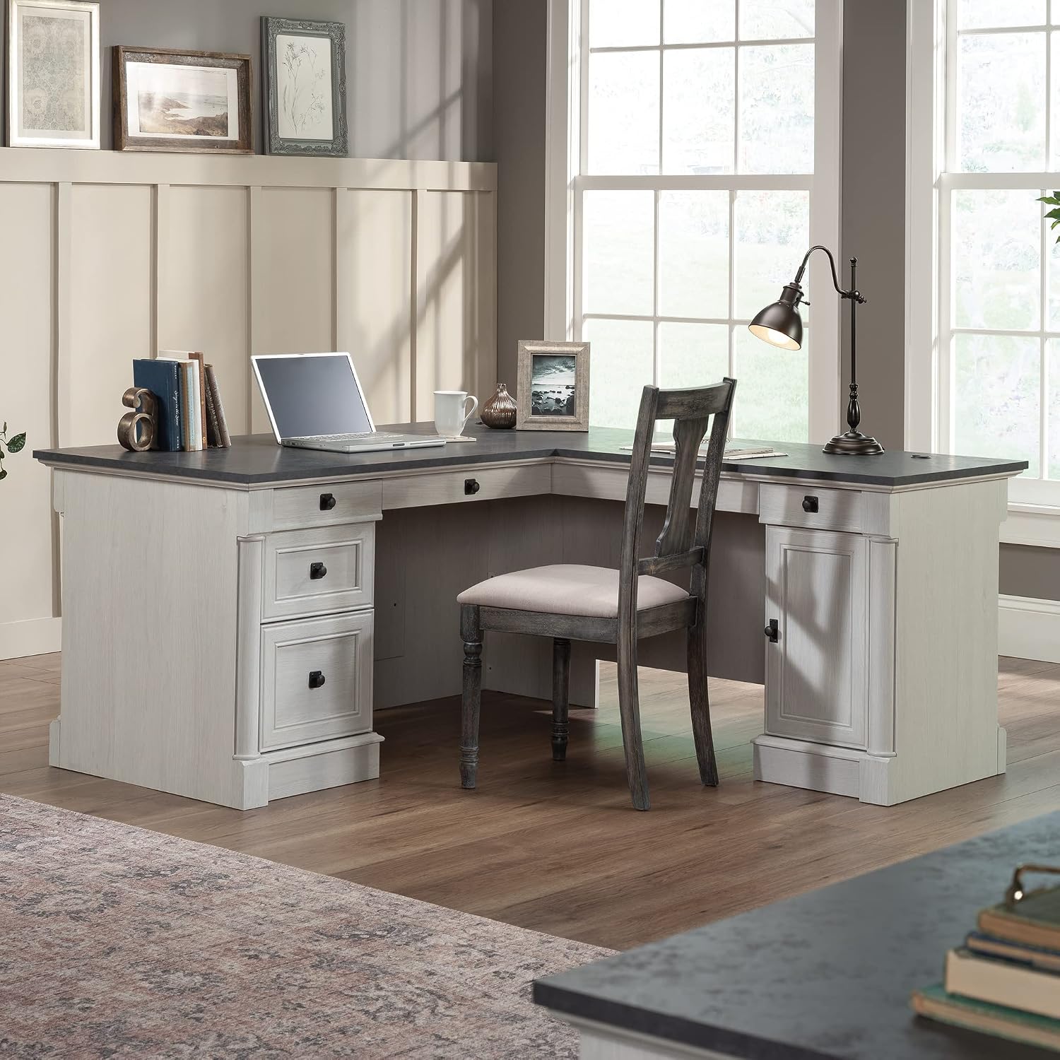 Sauder Palladia L Shaped Desk with Drawers, Office Desk with File Cabinet Storage, Cable Management, Keyboard Tray, in Glacier Oak Finish Sauder Palladia L Shaped Desk with Drawers, Office Desk with File Cabinet Storage, Cable Management, Keyboard Tray, in Glacier Oak Finish - Image 2