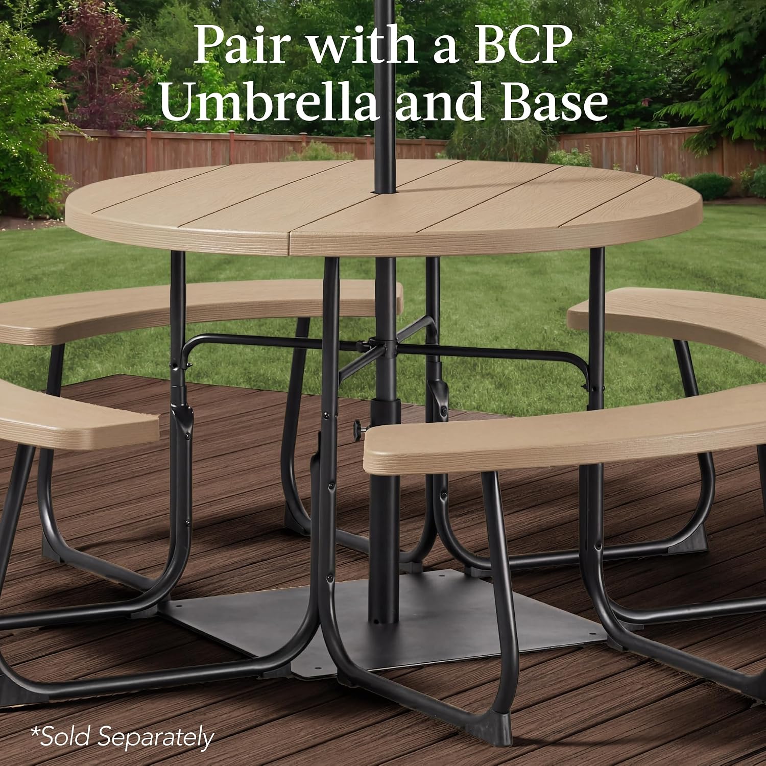81cFFtAHPUL._AC_SL1500_.jpg Best Choice Products 8-Person Outdoor Bench Patio Picnic Table, Circular w/ 4 Built-in Benches and Umbrella Hole, 2000lb Capacity - Tan