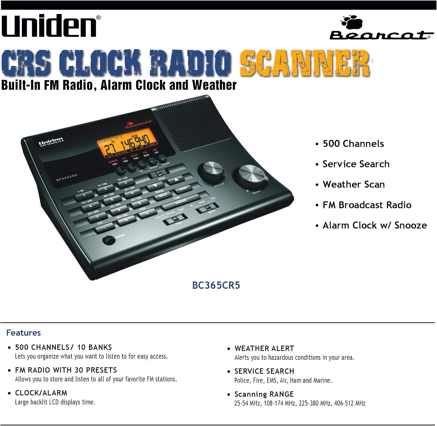 Uniden BC365CRS 500 Channel Scanner and Alarm Clock, Snooze, FM Radio, Weather Alerts, Search Bands used for Aviation, Railroad, Marine, Non-Digital Police/Fire/Public Safety transmissions and more Uniden BC365CRS 500 Channel Scanner and Alarm Clock, Snooze, FM Radio, Weather Alerts, Search Bands used for Aviation, Railroad, Marine, Non-Digital Police/Fire/Public Safety transmissions and more - Image 3