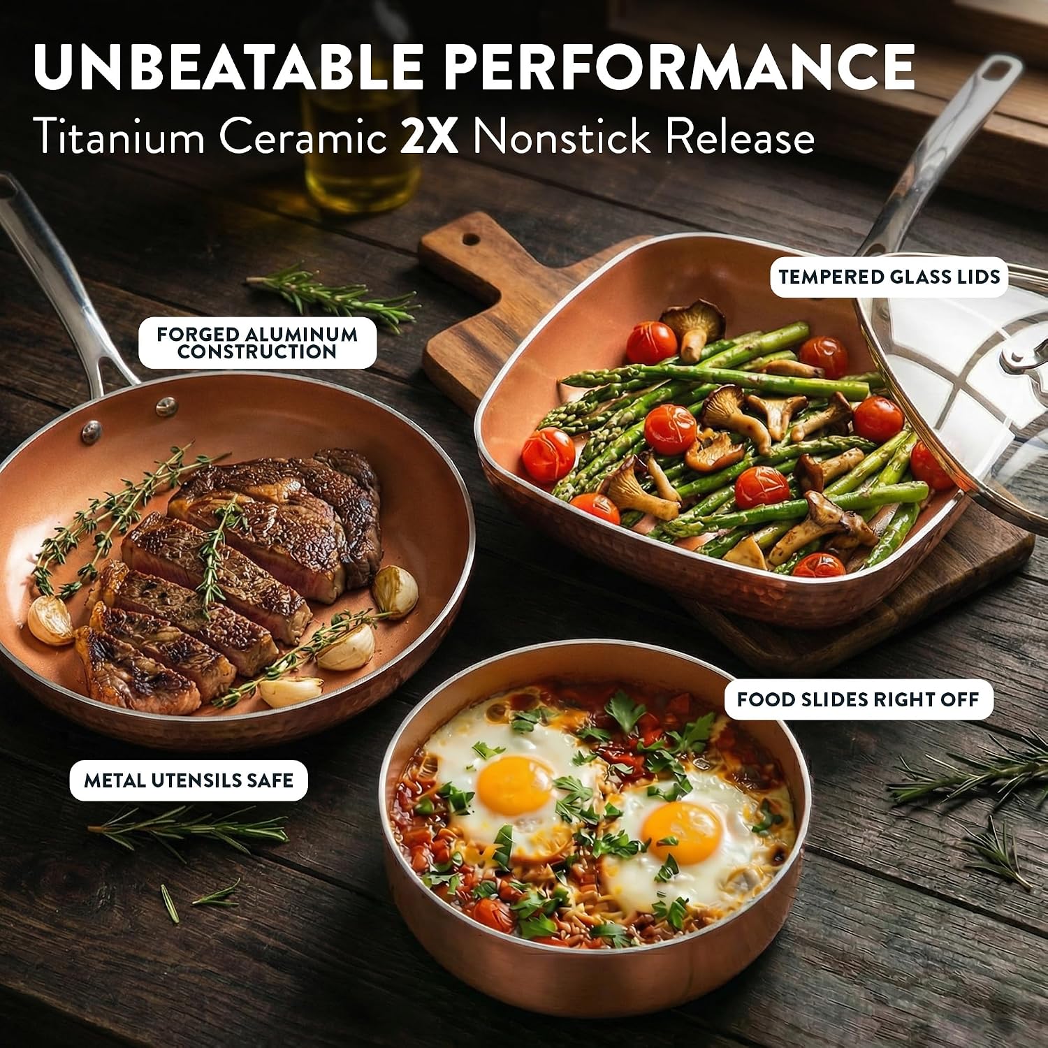 GOTHAM STEEL HAMMERED 20 Pc Pots and Pans Set Non Stick Ceramic Cookware | Deep Frying Pan & Bakeware Set Included, Non Toxic PFOA/PFOS Free, Induction Compatible, Oven & Dishwasher Safe, Copper GOTHAM STEEL HAMMERED 20 Pc Pots and Pans Set Non Stick Ceramic Cookware | Deep Frying Pan & Bakeware Set Included, Non Toxic PFOA/PFOS Free, Induction Compatible, Oven & Dishwasher Safe, Copper - Image 3