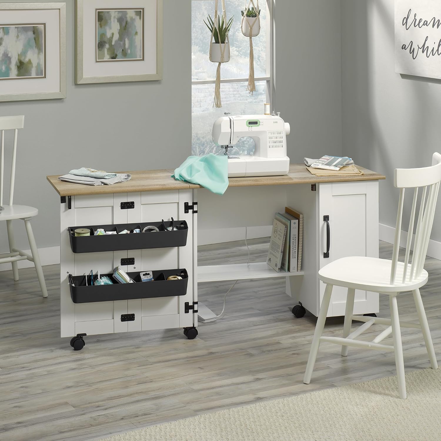 Sauder Miscellaneous Storage Sewing Cart, Drop-Leaf Craft Table, Sewing Table with Storage - Soft White Finish Sauder Miscellaneous Storage Sewing Cart, Drop-Leaf Craft Table, Sewing Table with Storage - Soft White Finish - Image 4