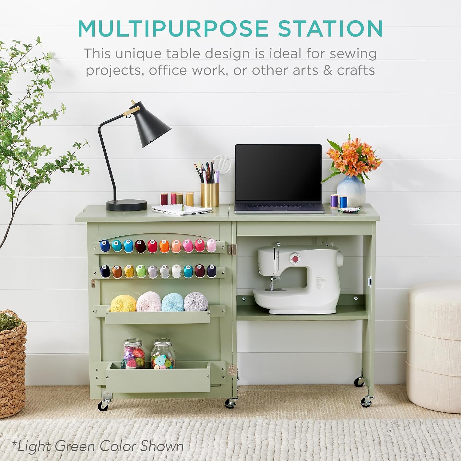 81hexR3jqDL._AC_SL1500_.jpg Best Choice Products Folding Sewing Table Multipurpose Craft Station & Side Desk with Compact Design, Wheels, Shelves, Storage Trays, Pegs, Magnetic Doors, Metal Doorknobs - Natural/White