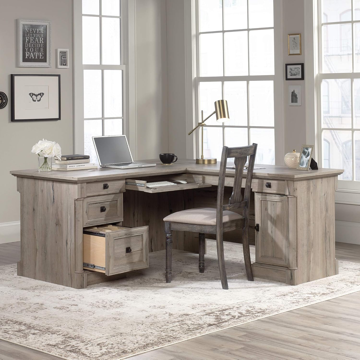 Sauder Palladia L Shaped Desk with Drawers, Office Desk with File Cabinet Storage, Cable Management, Keyboard Tray, in Split Oak finish Sauder Palladia L Shaped Desk with Drawers, Office Desk with File Cabinet Storage, Cable Management, Keyboard Tray, in Split Oak finish - Image 6
