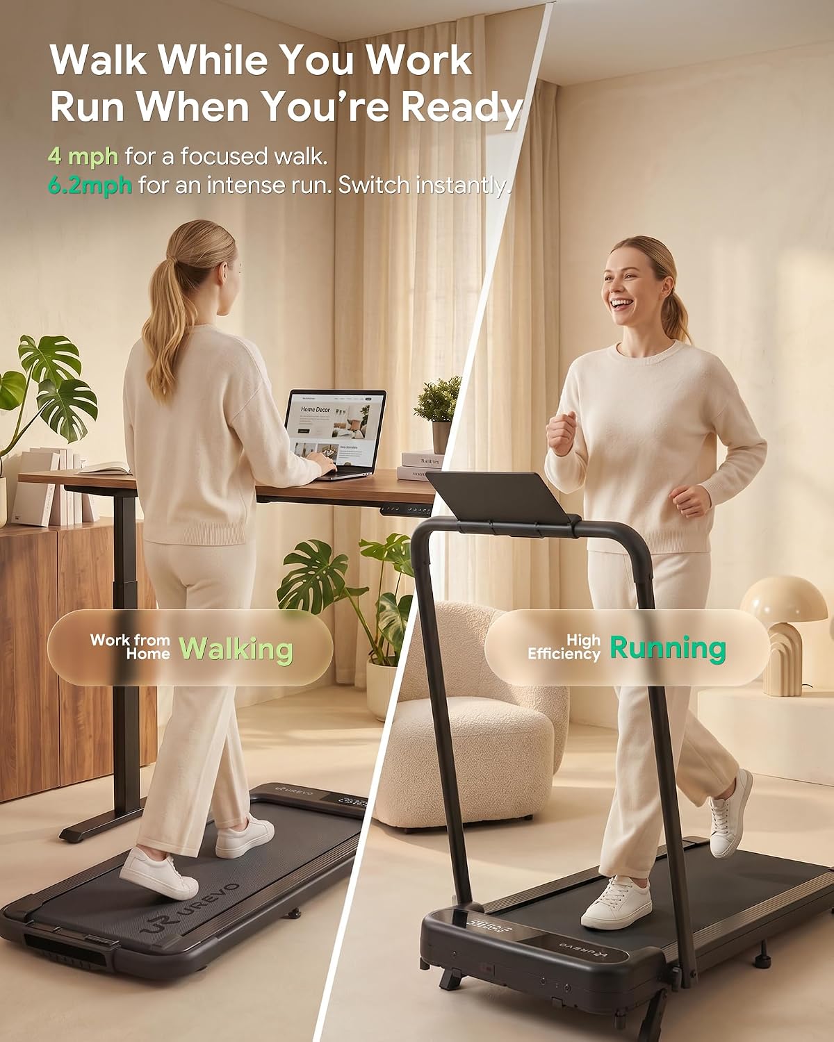 UREVO Strol 2E Pro Smart Incline Walking Pad Treadmill with APP, 12% Incline, Compact Walking Pad with Safety Handle, Plug & Play, Desk Treadmill with LED Display, Walking & Running for Home Office UREVO Strol 2E Pro Smart Incline Walking Pad Treadmill with APP, 12% Incline, Compact Walking Pad with Safety Handle, Plug & Play, Desk Treadmill with LED Display, Walking & Running for Home Office - Image 2