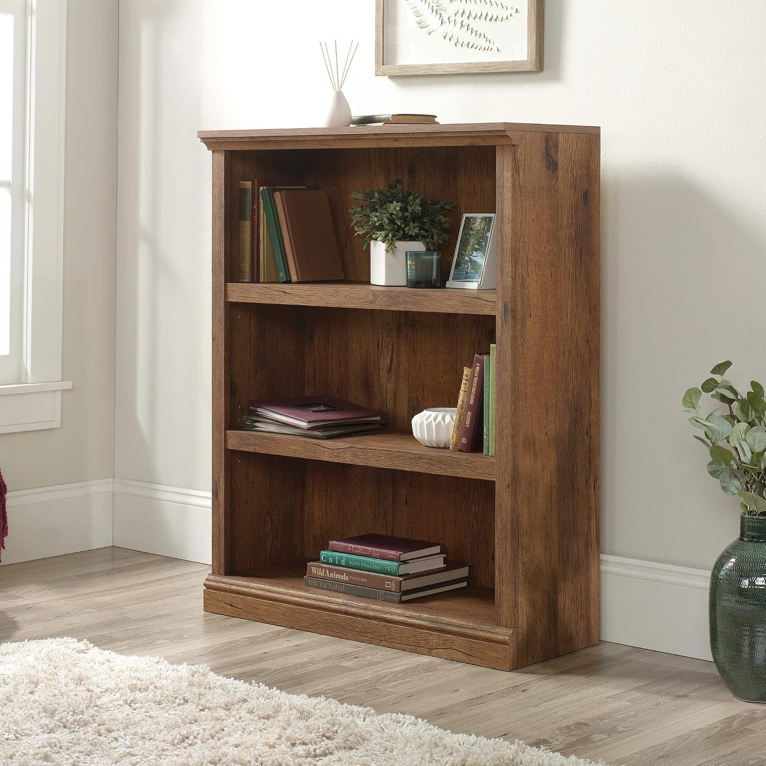 Sauder 3 Tier Book Shelf Wooden Bookcase Multipurpose Bookshelf for Home Office, Living Room, in Vintage Oak Sauder 3 Tier Book Shelf Wooden Bookcase Multipurpose Bookshelf for Home Office, Living Room, in Vintage Oak - Image 2