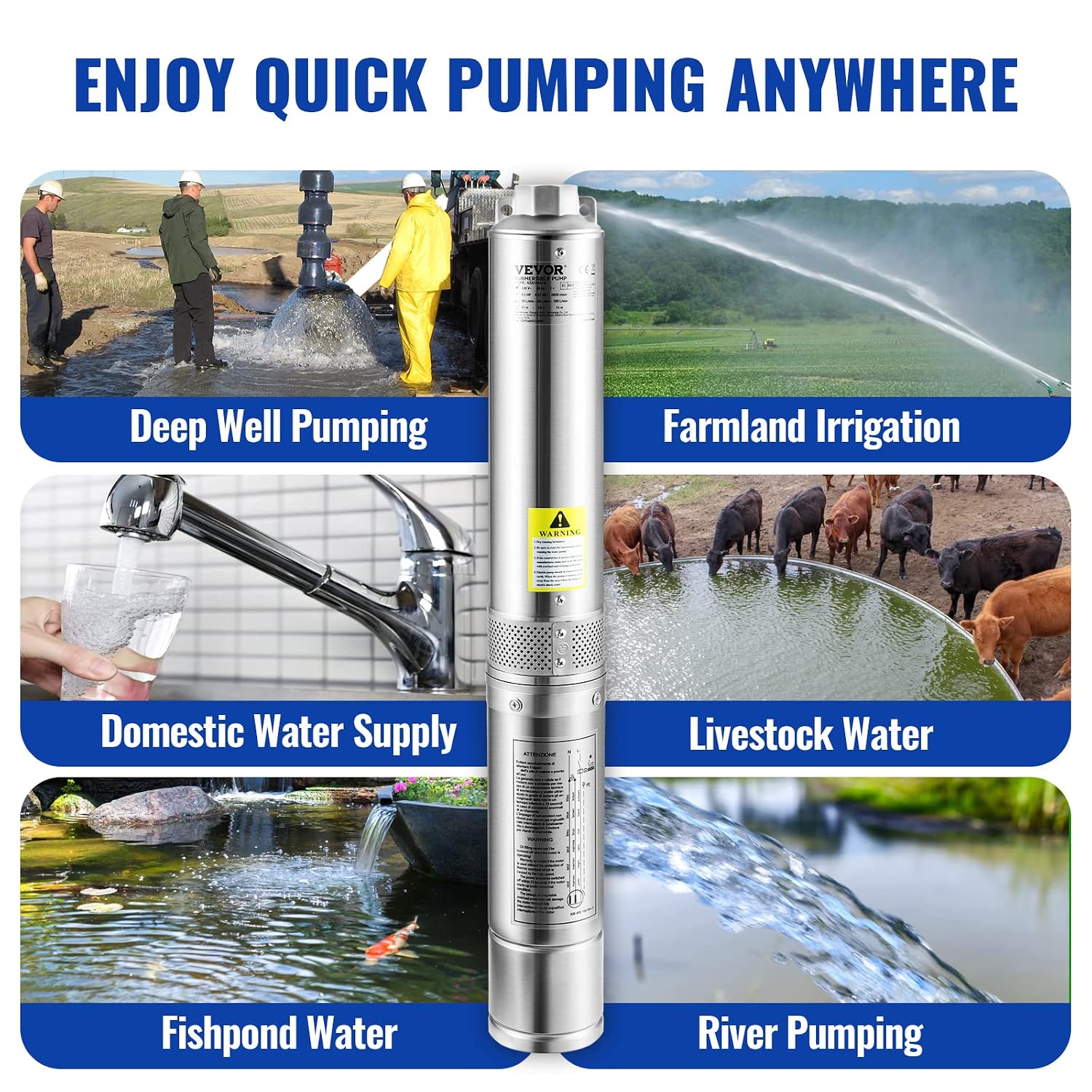 VEVOR Deep Well Submersible Pump 1 HP 115V/60Hz 37 GPM Flow 207 ft Head | for Industrial Irrigation & Home Use, 4" Stainless Steel Water Pump, with 33 ft Electric Cord, Copper Motor, IP68 Waterproof VEVOR Deep Well Submersible Pump 1 HP 115V/60Hz 37 GPM Flow 207 ft Head | for Industrial Irrigation & Home Use, 4" Stainless Steel Water Pump, with 33 ft Electric Cord, Copper Motor, IP68 Waterproof - Image 9