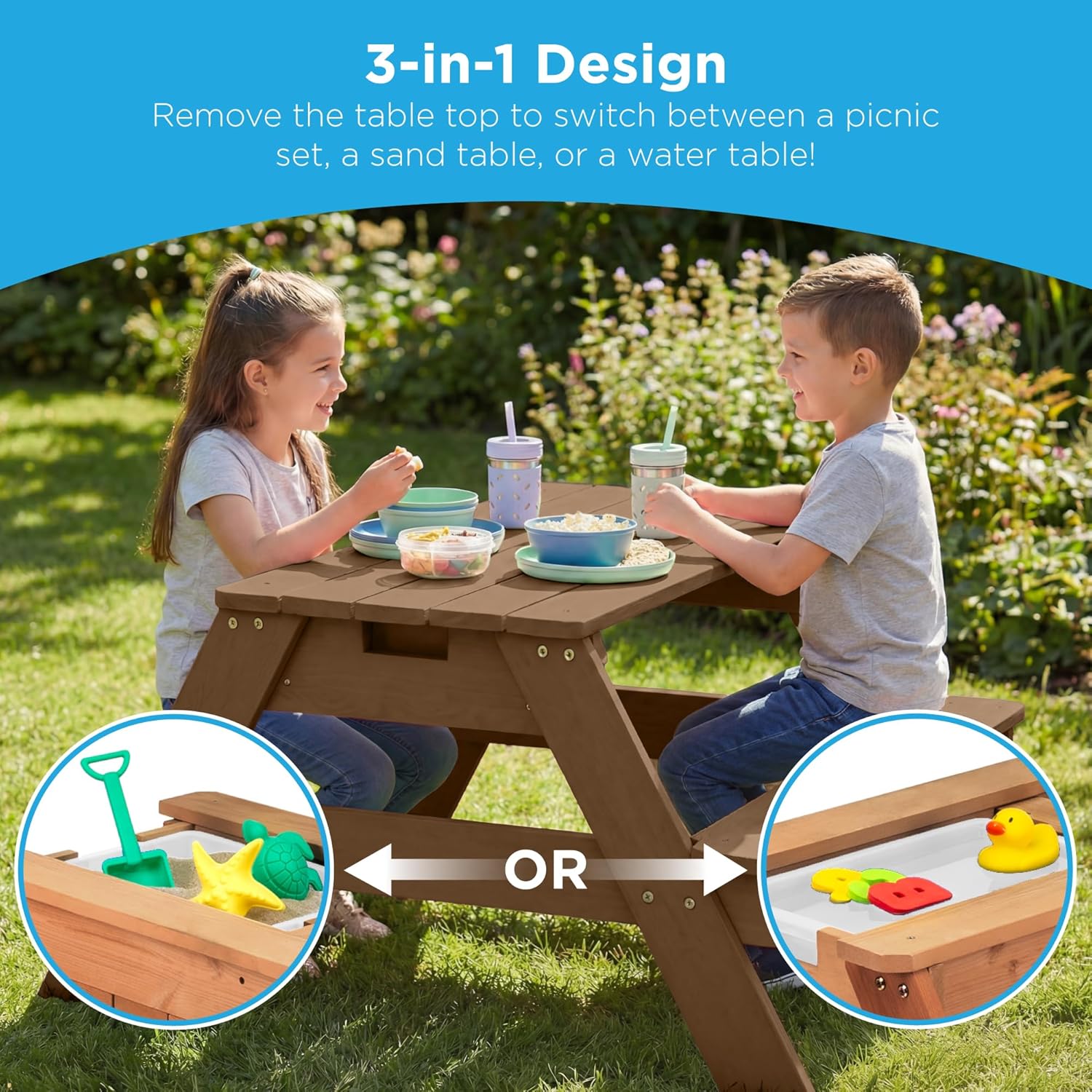 81l-Y7AWVL._AC_SL1500_.jpg Best Choice Products Kids Picnic Table with Umbrella, 3-in-1 Sand & Water Table, Outdoor Convertible Picnic Table for Toddlers, Seats 4, Removable Top, 2 Buckets - Beige