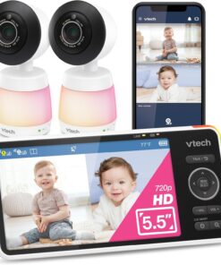 VTech Smart WiFi Baby Monitor, 2 Cameras for Twins & Two Rooms – 2K Split Screen, 5.5" Screen, 24X Zoom, Wide Angle, Free App, Night Light | Smart HD Plus Twin