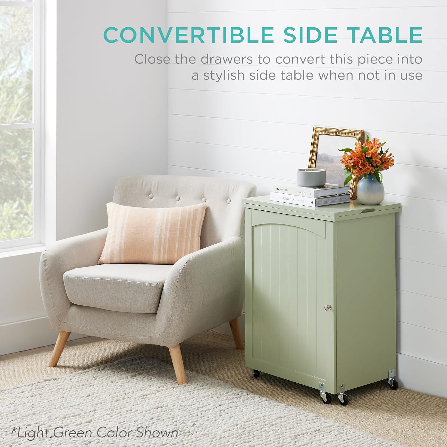 81ltWzRh5DL._AC_SL1500_.jpg Best Choice Products Folding Sewing Table Multipurpose Craft Station & Side Desk with Compact Design, Wheels, Shelves, Storage Trays, Pegs, Magnetic Doors, Metal Doorknobs - Natural/White