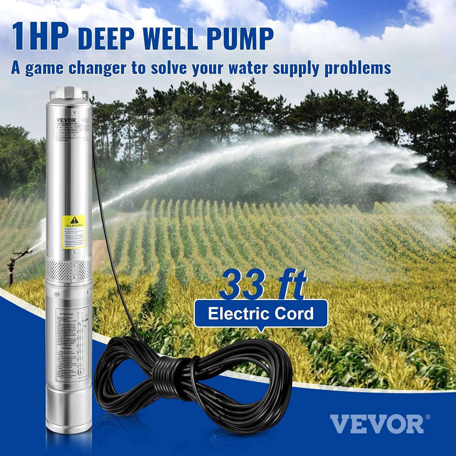 VEVOR Deep Well Submersible Pump 1 HP 230V/60Hz 37 GPM Flow 207 ft Head | for Industrial Irrigation & Home Use, 4" Stainless Steel Water Pump, with 33 ft Electric Cord, Copper Motor, IP68 Waterproof VEVOR Deep Well Submersible Pump 1 HP 230V/60Hz 37 GPM Flow 207 ft Head | for Industrial Irrigation & Home Use, 4" Stainless Steel Water Pump, with 33 ft Electric Cord, Copper Motor, IP68 Waterproof - Image 2