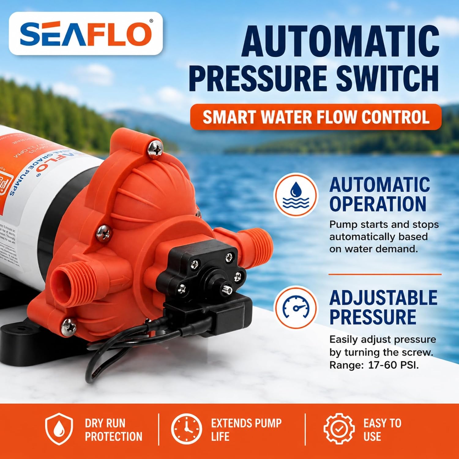 SEAFLO 33 Series 110V/115V AC Fresh Water Pump, 3.3 GPM 45 PSI Self-Priming Pressure Pump with Smart Pressure Switch, Automatic Demand Pump for RV, Caravan Marine Boat Industrial Use, 4-Year Warranty SEAFLO 33 Series 110V/115V AC Fresh Water Pump, 3.3 GPM 45 PSI Self-Priming Pressure Pump with Smart Pressure Switch, Automatic Demand Pump for RV, Caravan Marine Boat Industrial Use, 4-Year Warranty - Image 7